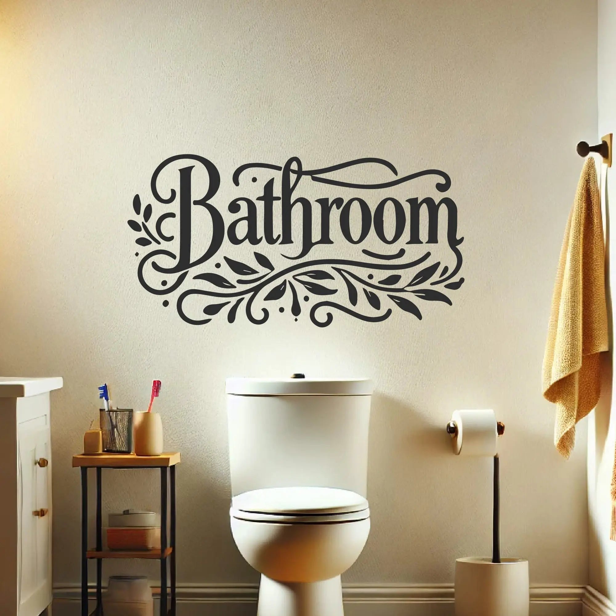 Leaf pattern vinyl wall decal displayed in modern bathroom