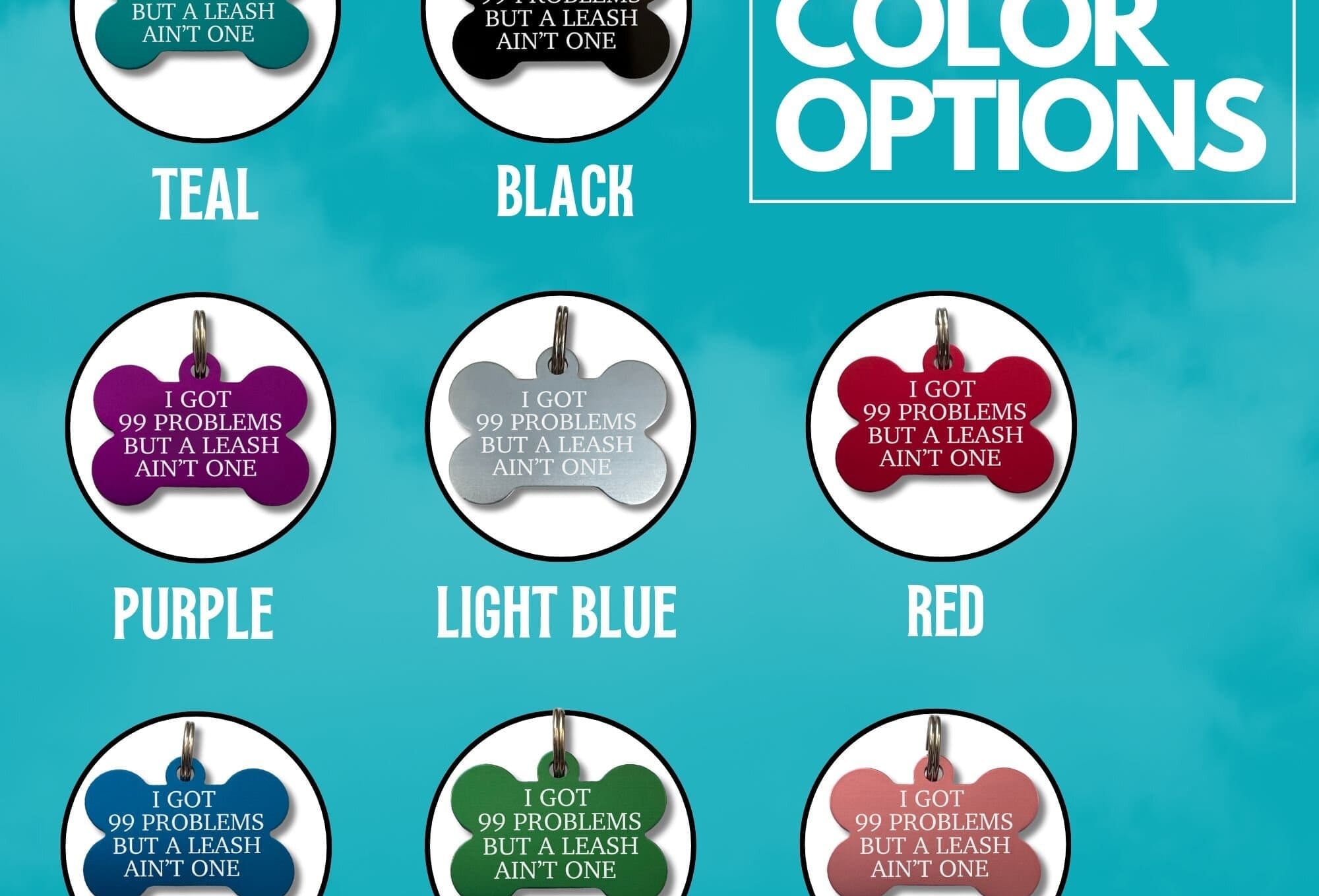 Humorous pet collar ID tag in multiple colors