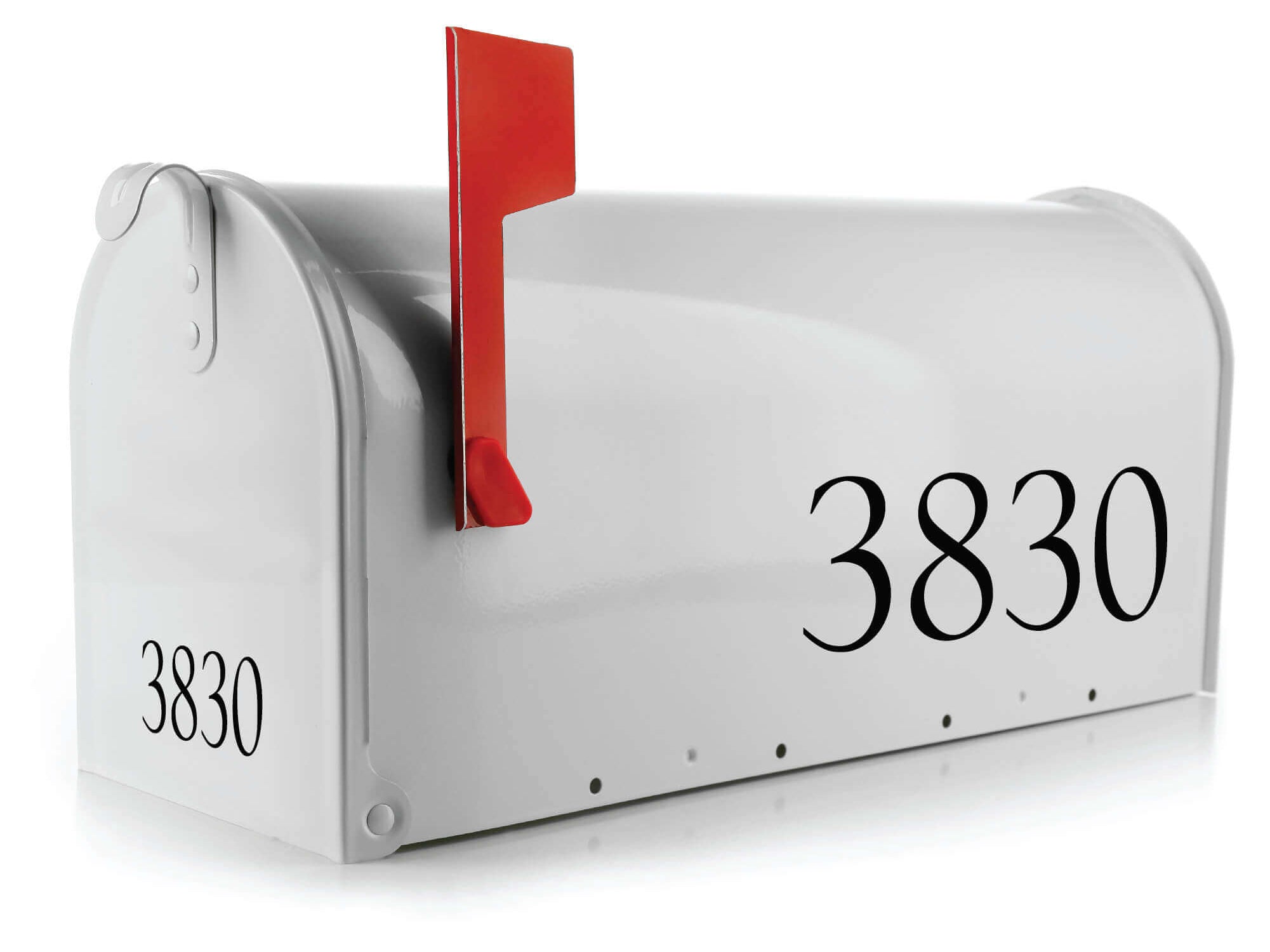 Weatherproof vinyl number stickers for mailboxes.