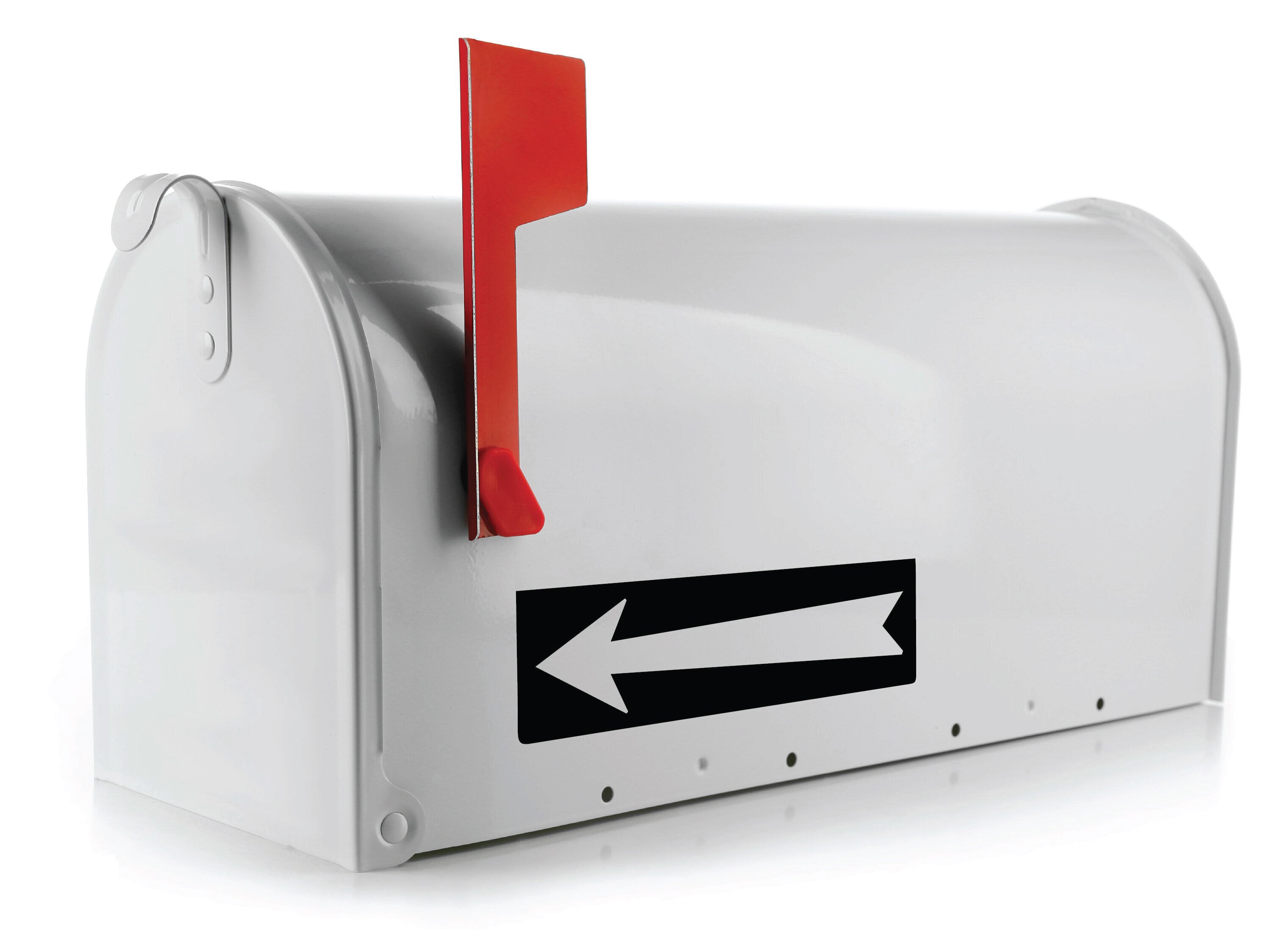 Long mailbox arrow decal in black vinyl pointing left on white mailbox