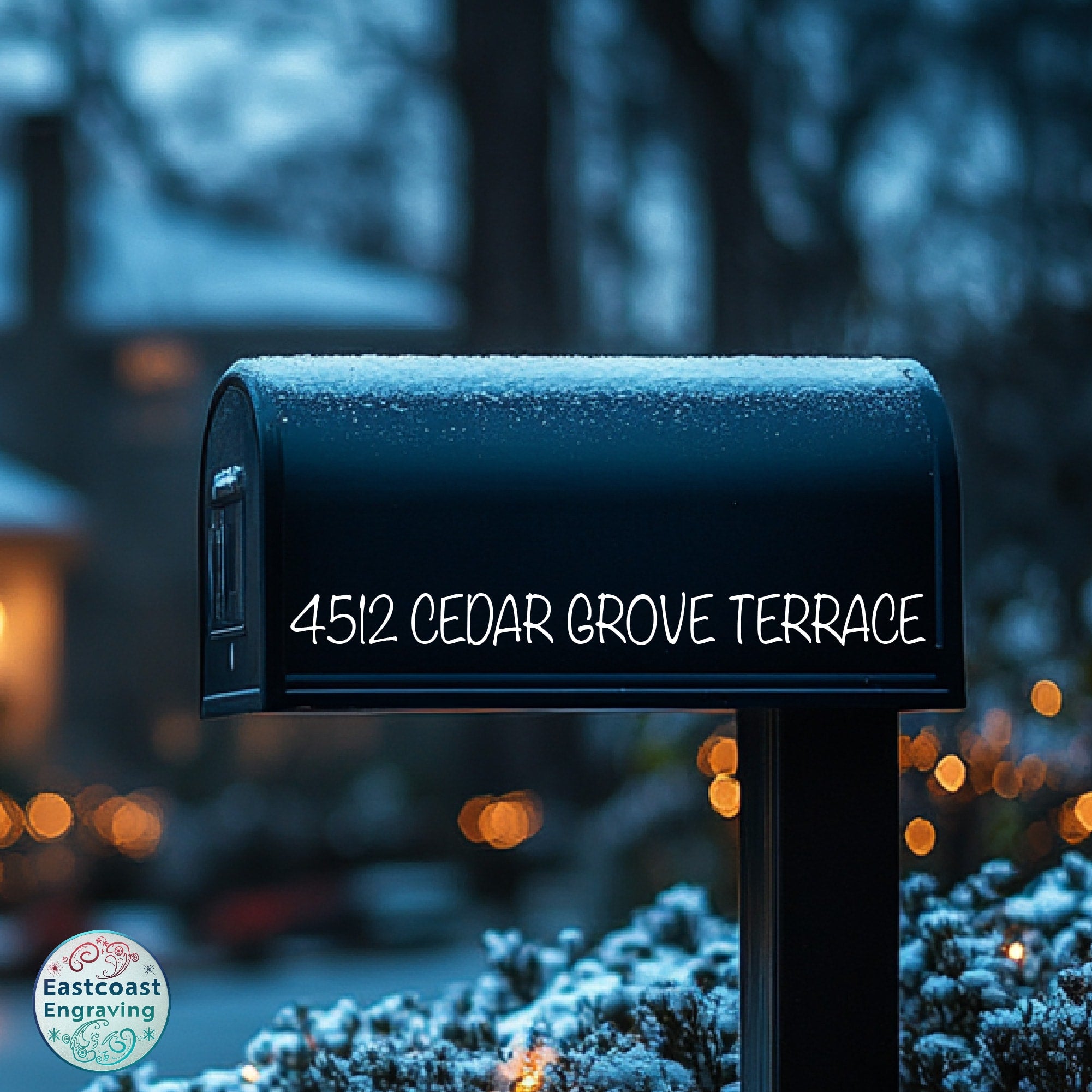 Weatherproof mailbox decal shown on black mailbox with smooth finish