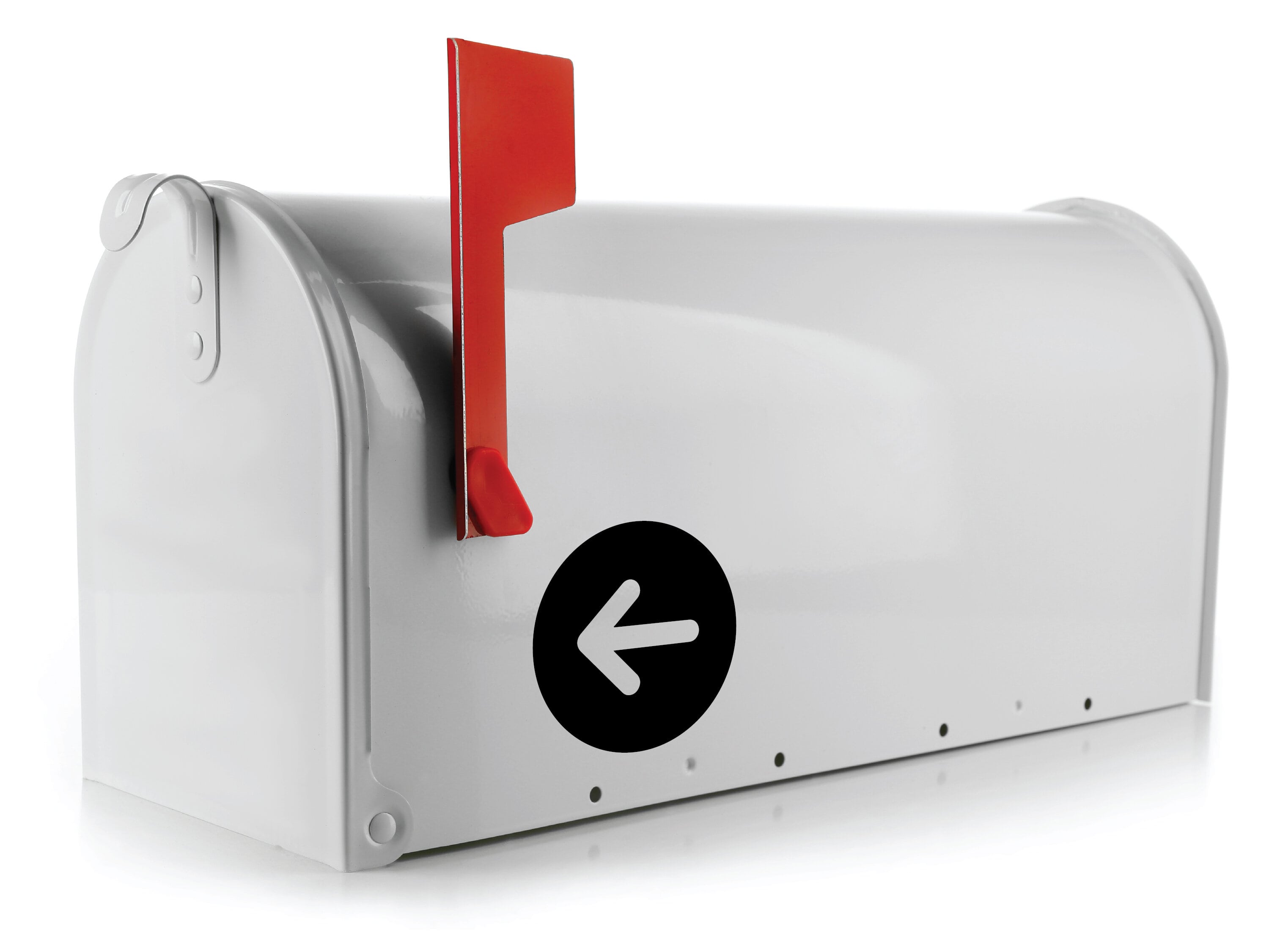 Circle design mailbox arrow decal in black vinyl pointing left on white mailbox