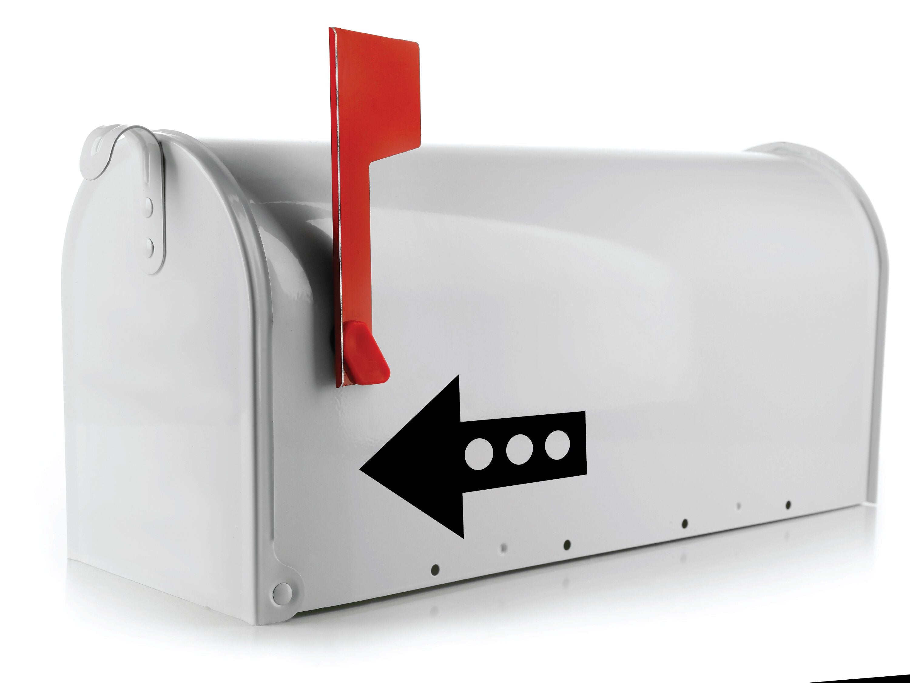 Mailbox arrow decal with dotted circle cutouts pointing left on white mailbox