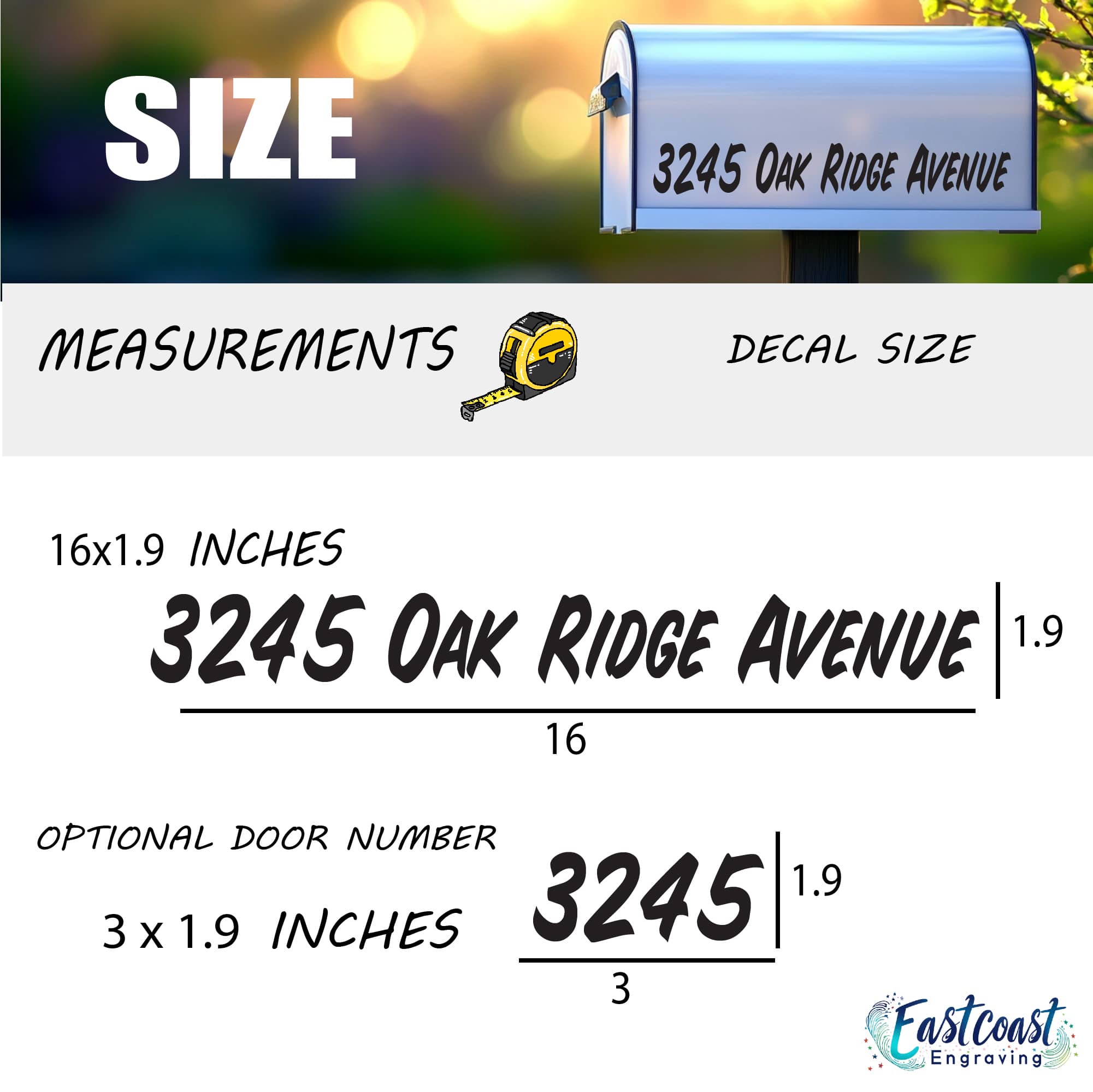 Mailbox decal size chart showing 16x1.9 dimensions