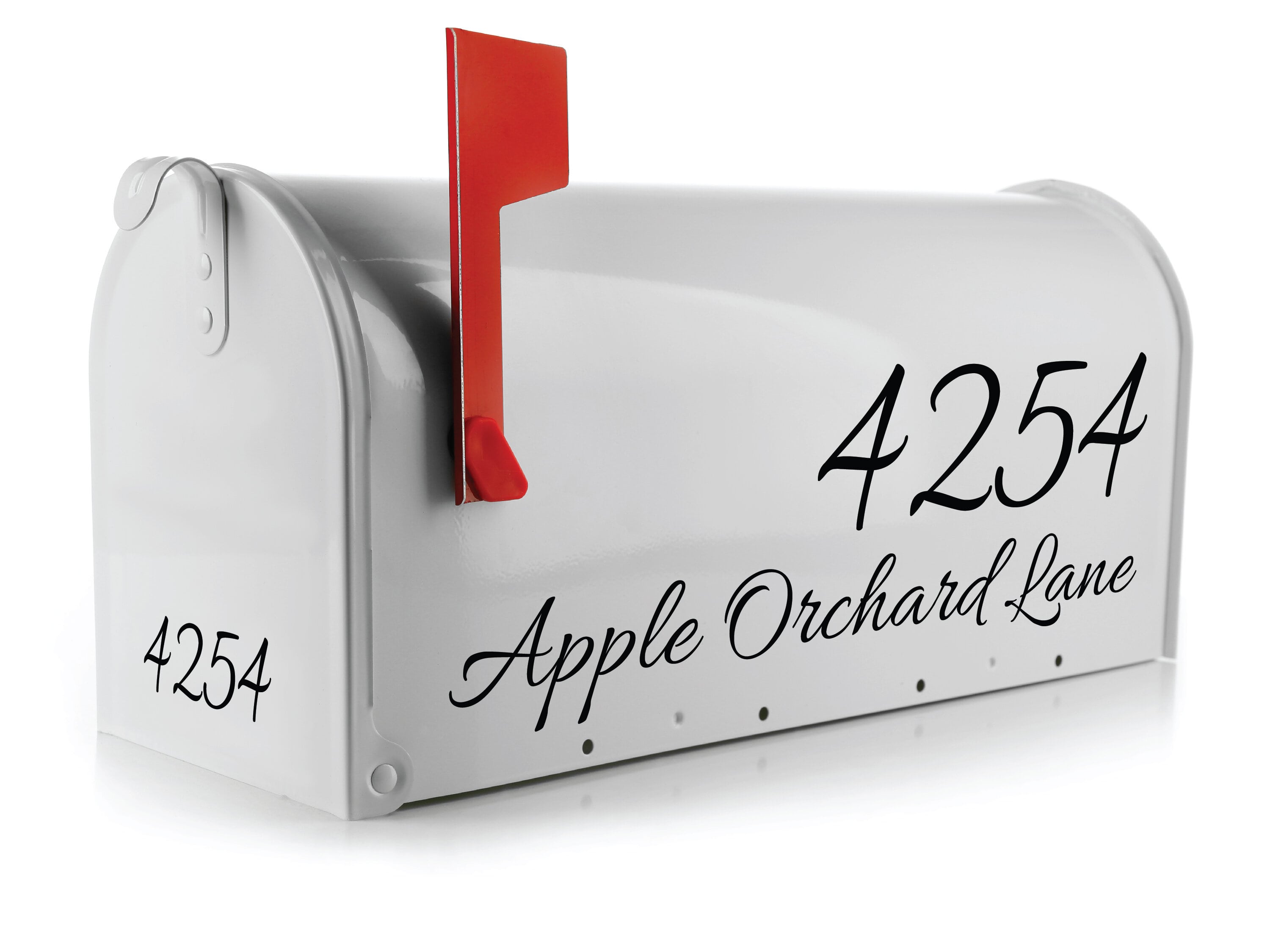 bold vinyl mailbox number and street decal on metal mailbox