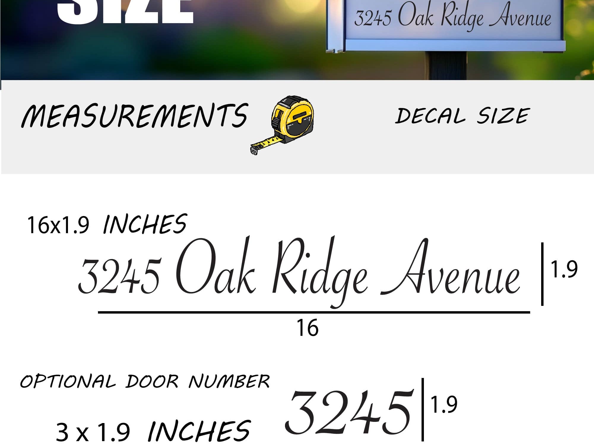 Mailbox decal size chart with 16x1.9 measurements