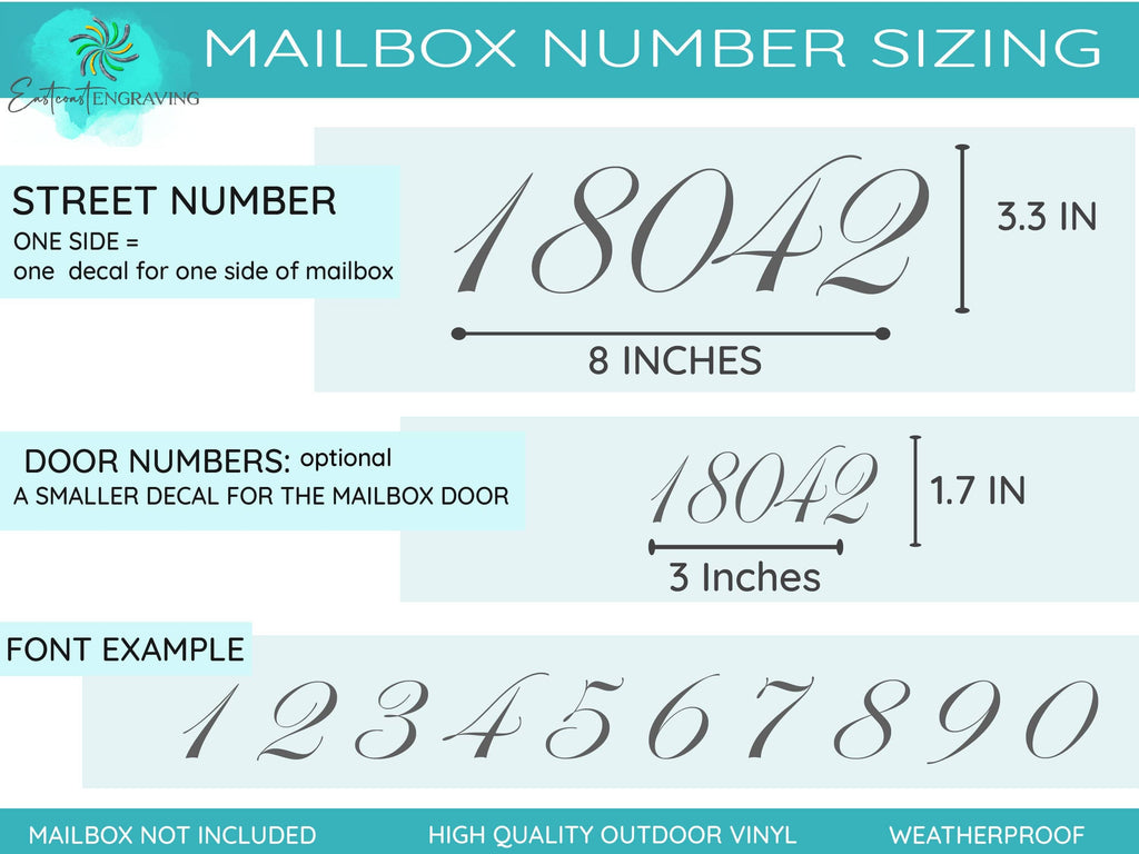 Size and font style chart for script mailbox number decals, showcasing various customization options