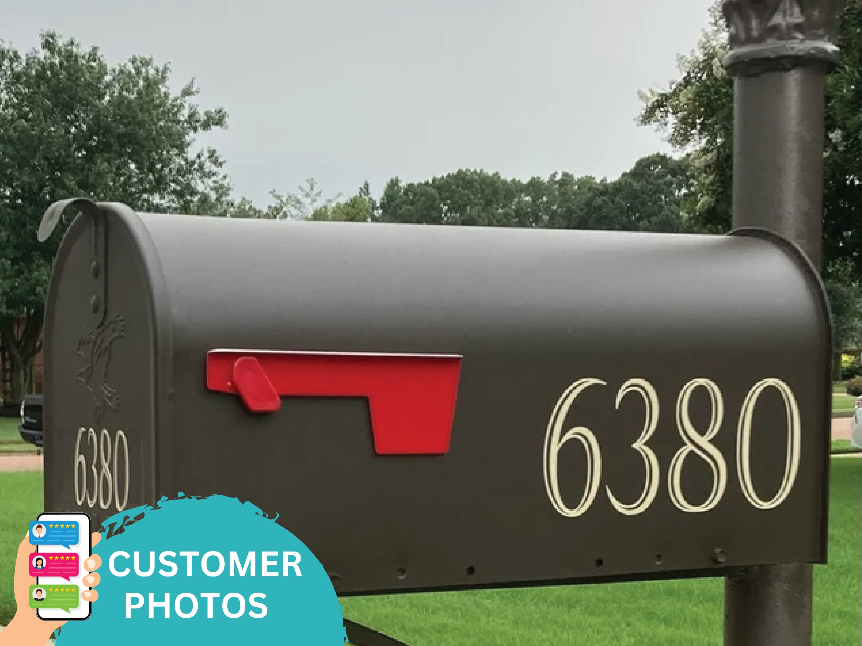 Earthy brown mailbox with matching light brown mailbox number decal, offering a subtle and natural aesthetic.