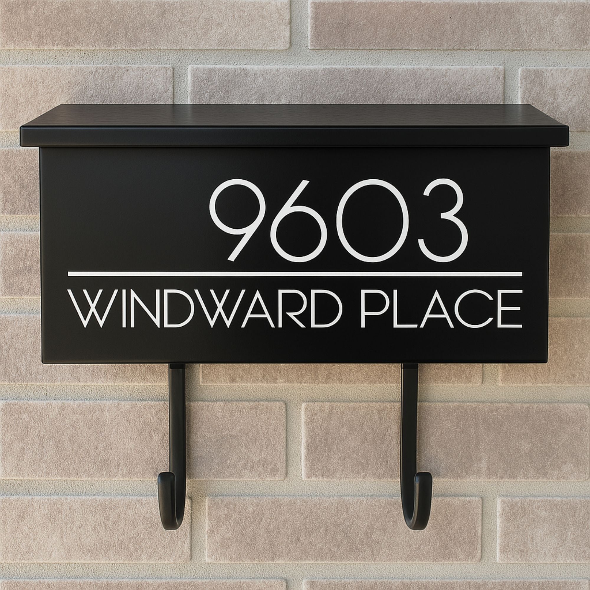 Custom wall-mounted mailbox decal with mid-century number and address design in modern white vinyl