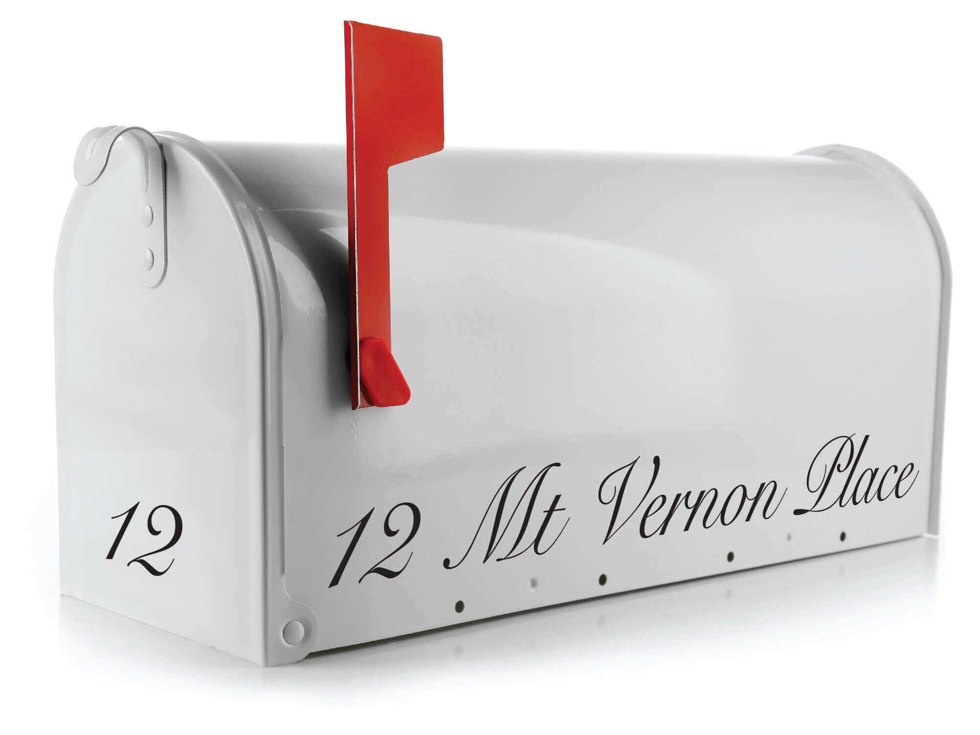 Modern one-line mailbox address decal in 16x1.9 inch size on smooth mailbox