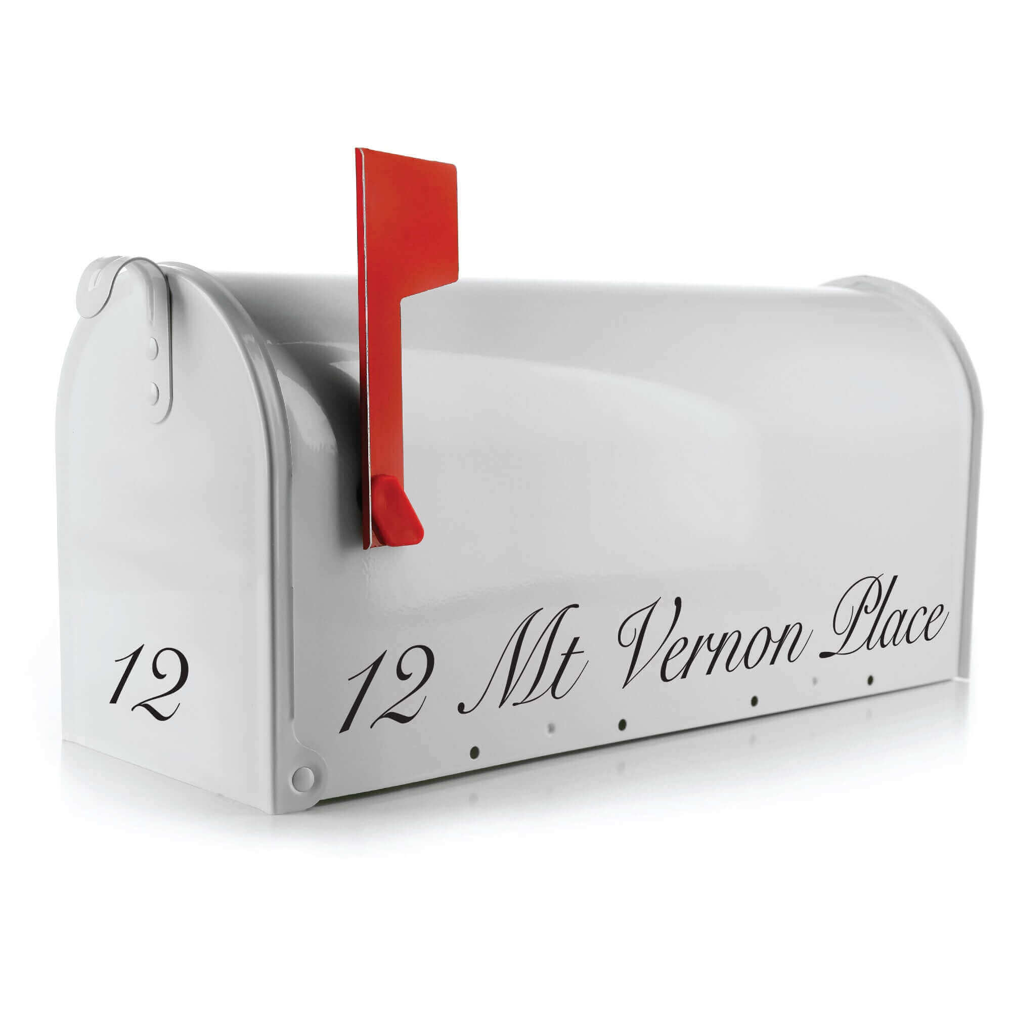 Modern one-line mailbox address decal in 16x1.9 inch size on smooth mailbox