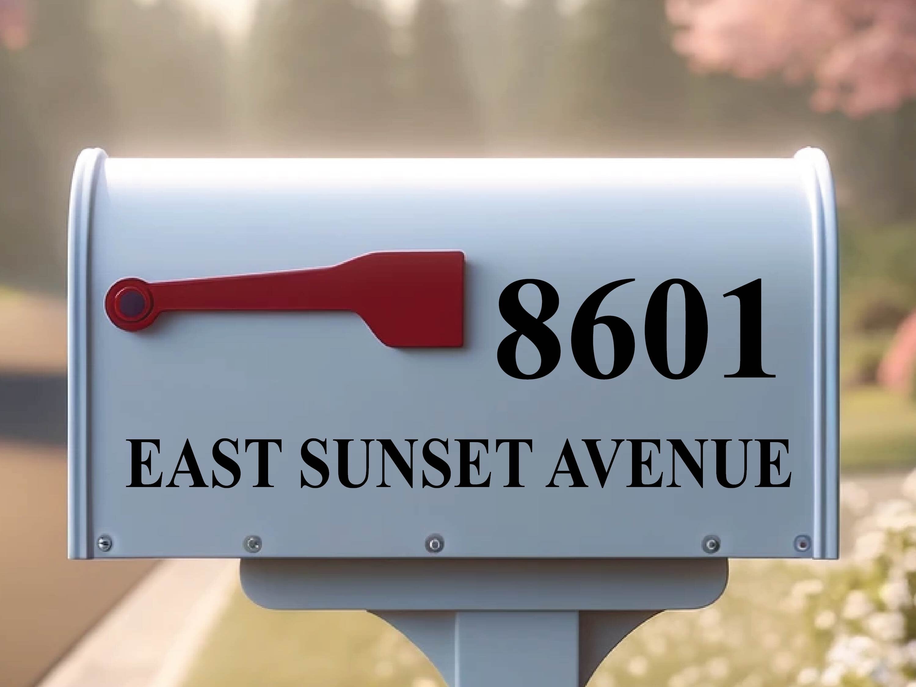 Modern two-piece vinyl address decal applied to residential mailbox