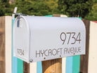 Modern vinyl mailbox decal with custom address and house number in clean font