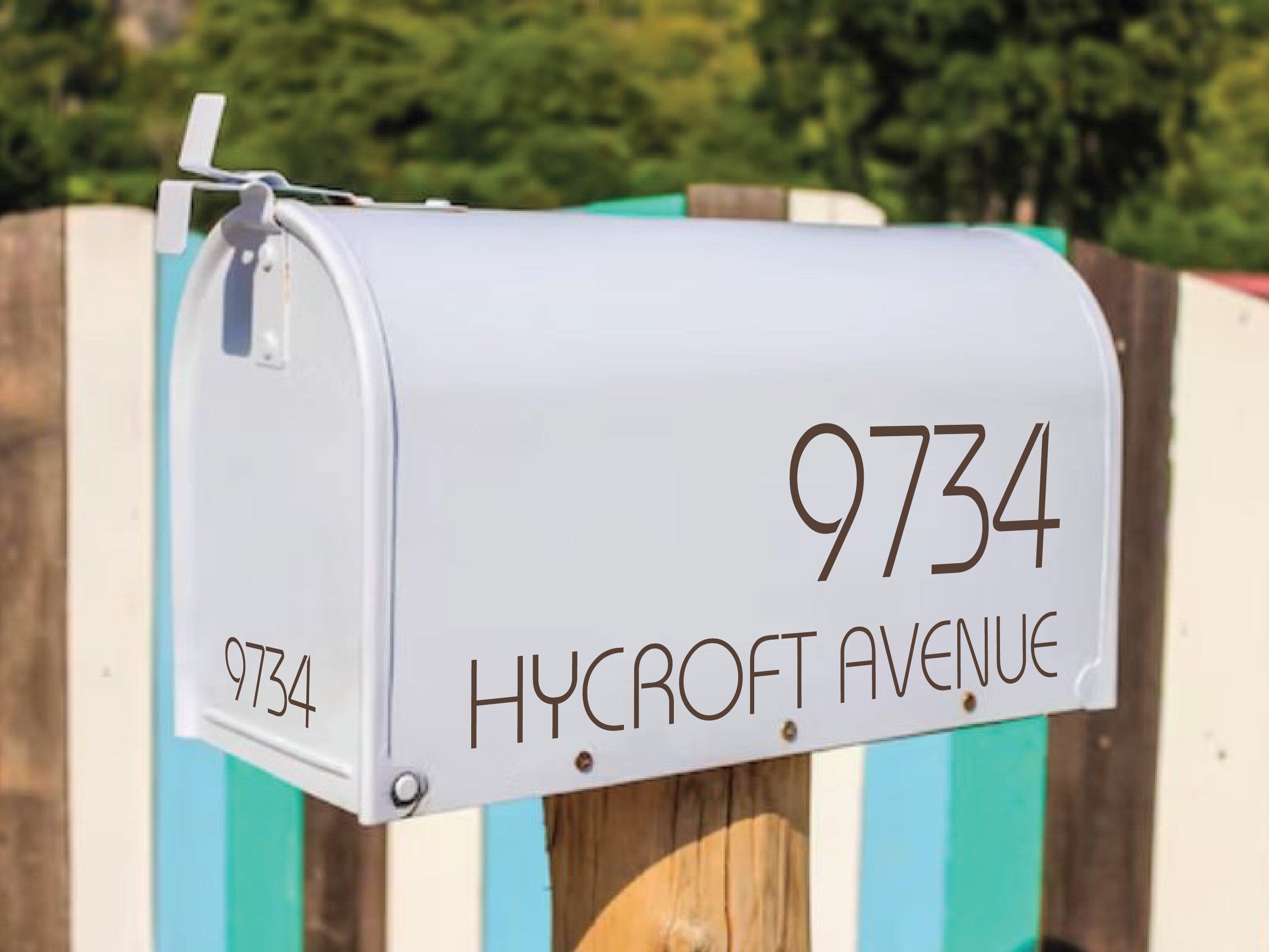 Modern vinyl mailbox decal with custom address and house number in clean font