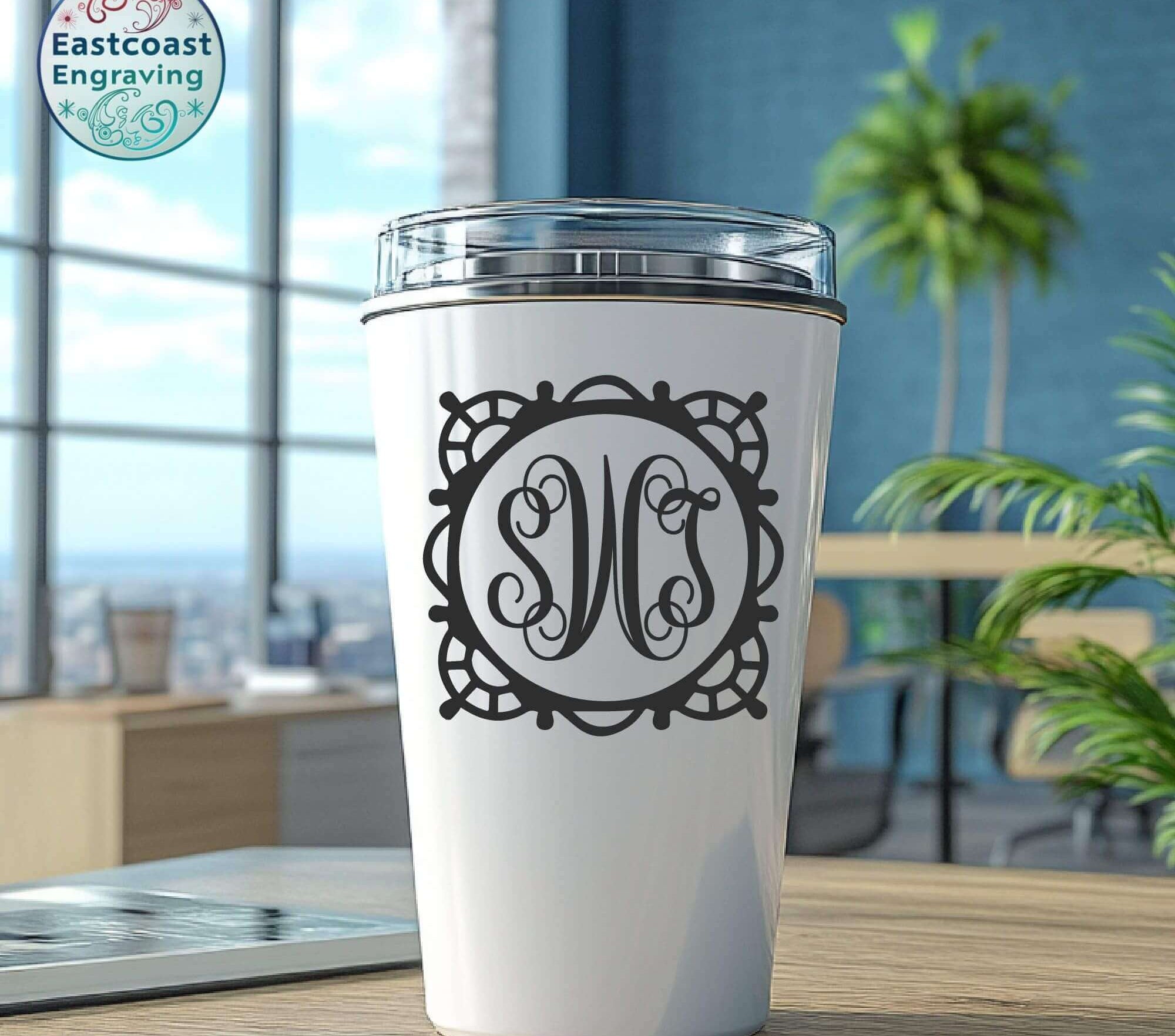 Custom initials decal on a travel mug – perfect for personalized drinkware