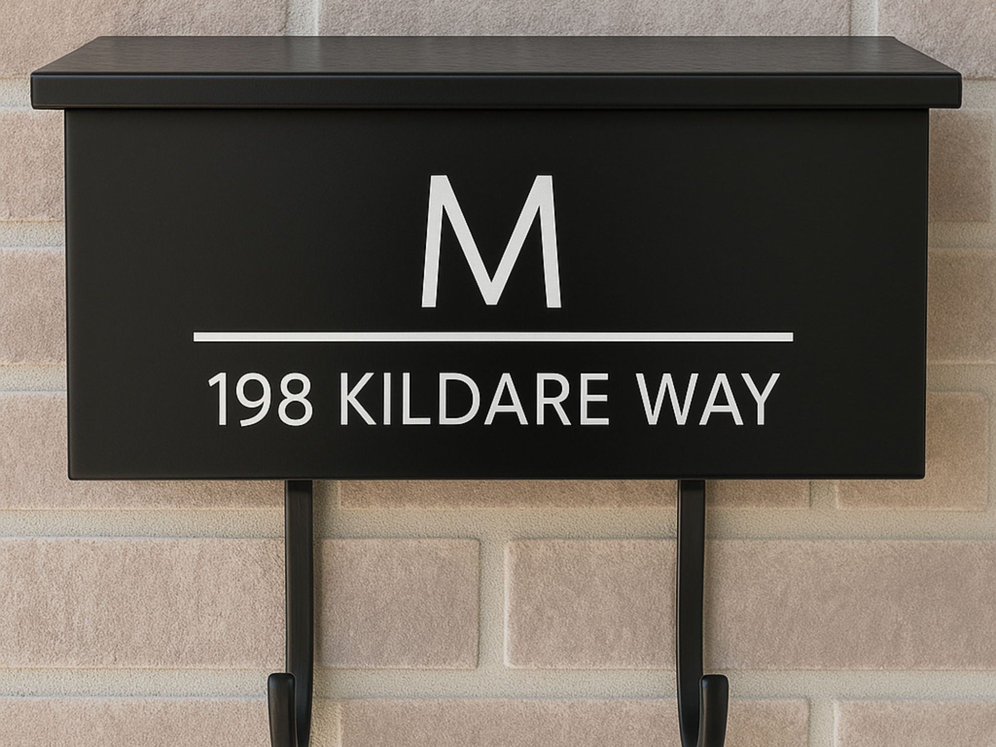 Wall mount mailbox decal with bold initial and modern address layout in white vinyl lettering