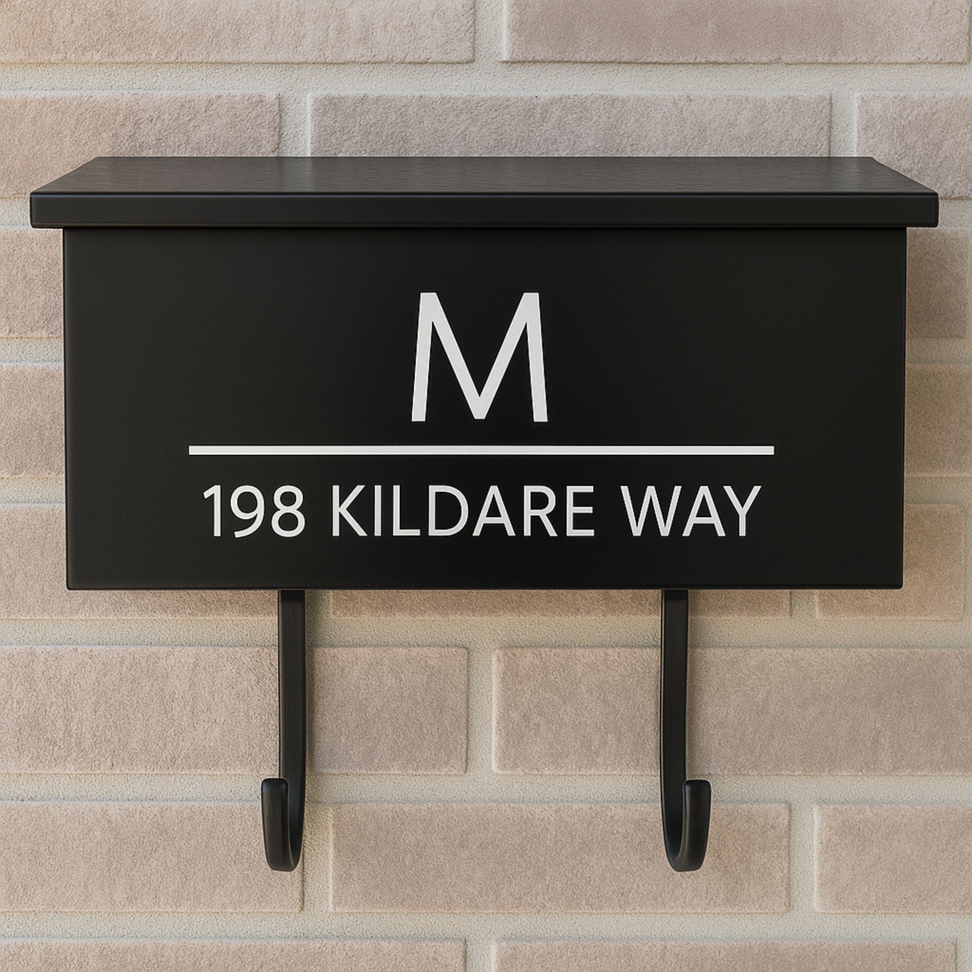 Wall mount mailbox decal with bold initial and modern address layout in white vinyl lettering