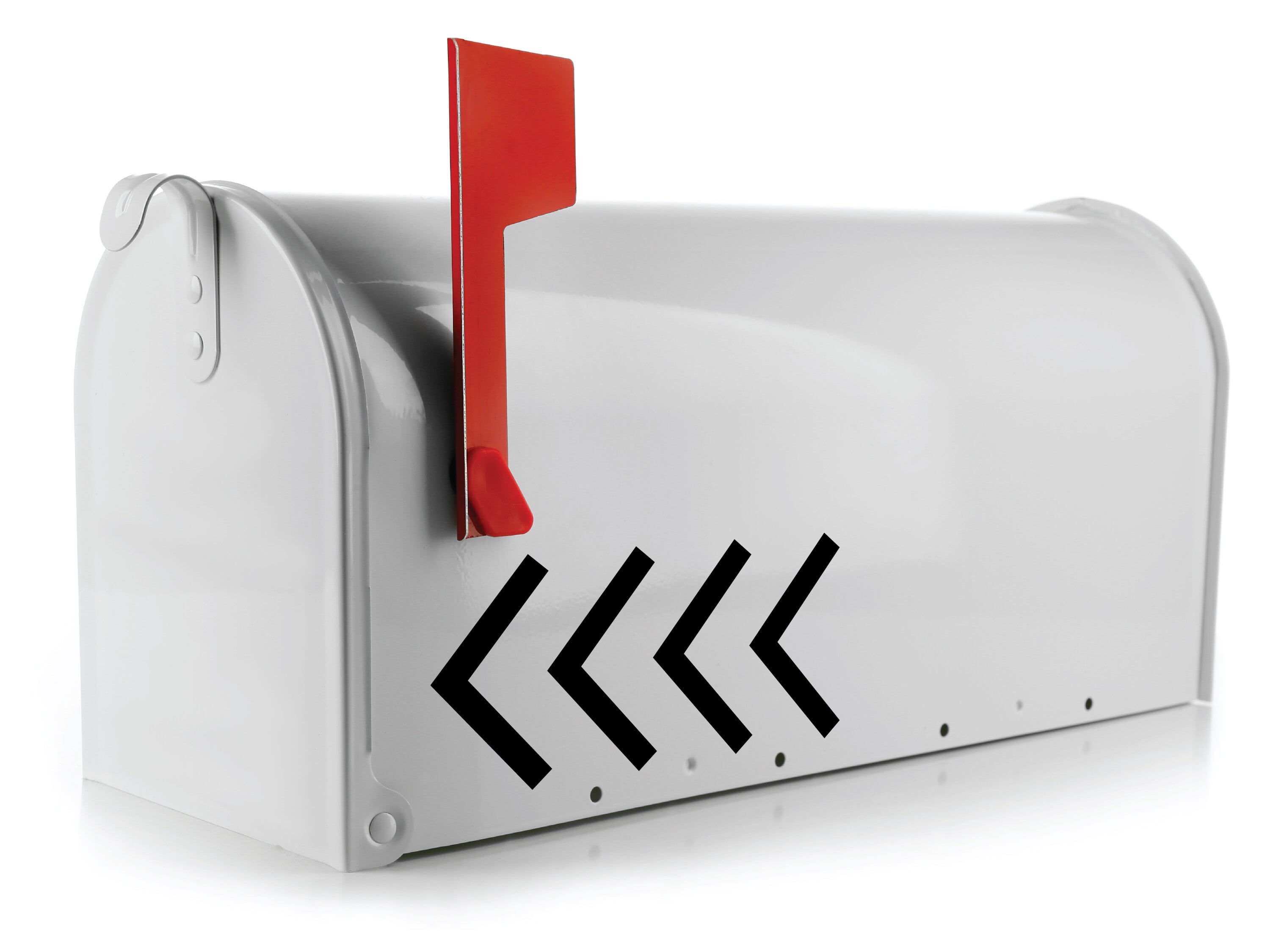 Multi-arrow mailbox decal with stacked chevrons pointing left on white mailbox