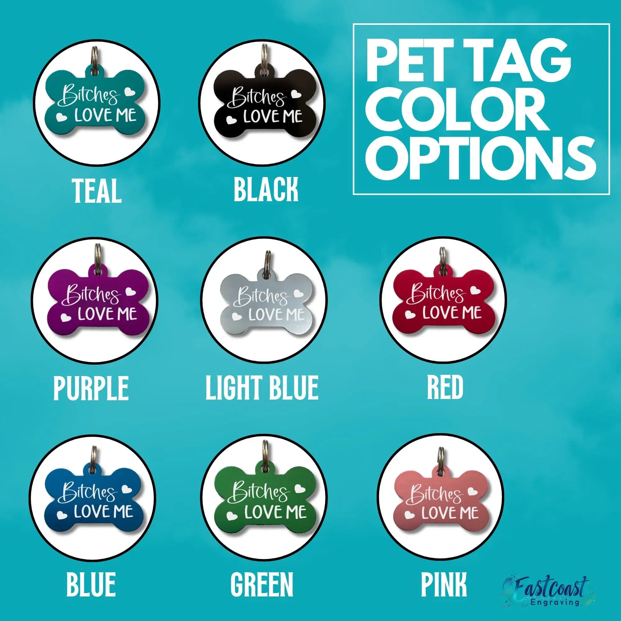 Funny dog tag available in multiple color options including black, blue, red, and teal