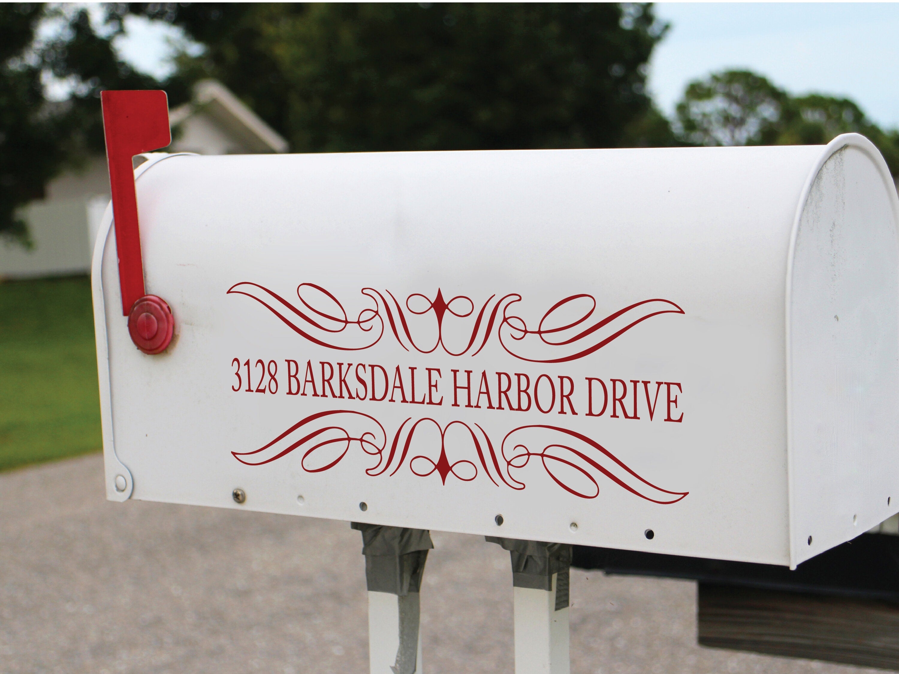 Ornate scroll mailbox decal with house number and address on mailbox - Eastcoast Engraving