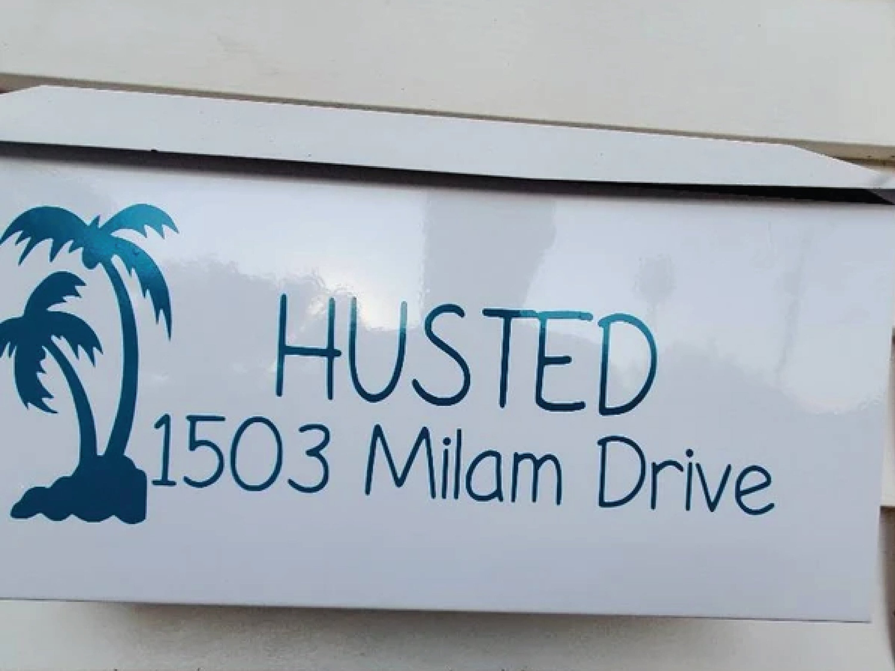 Personalized vinyl palm tree mailbox decal with last name and address.