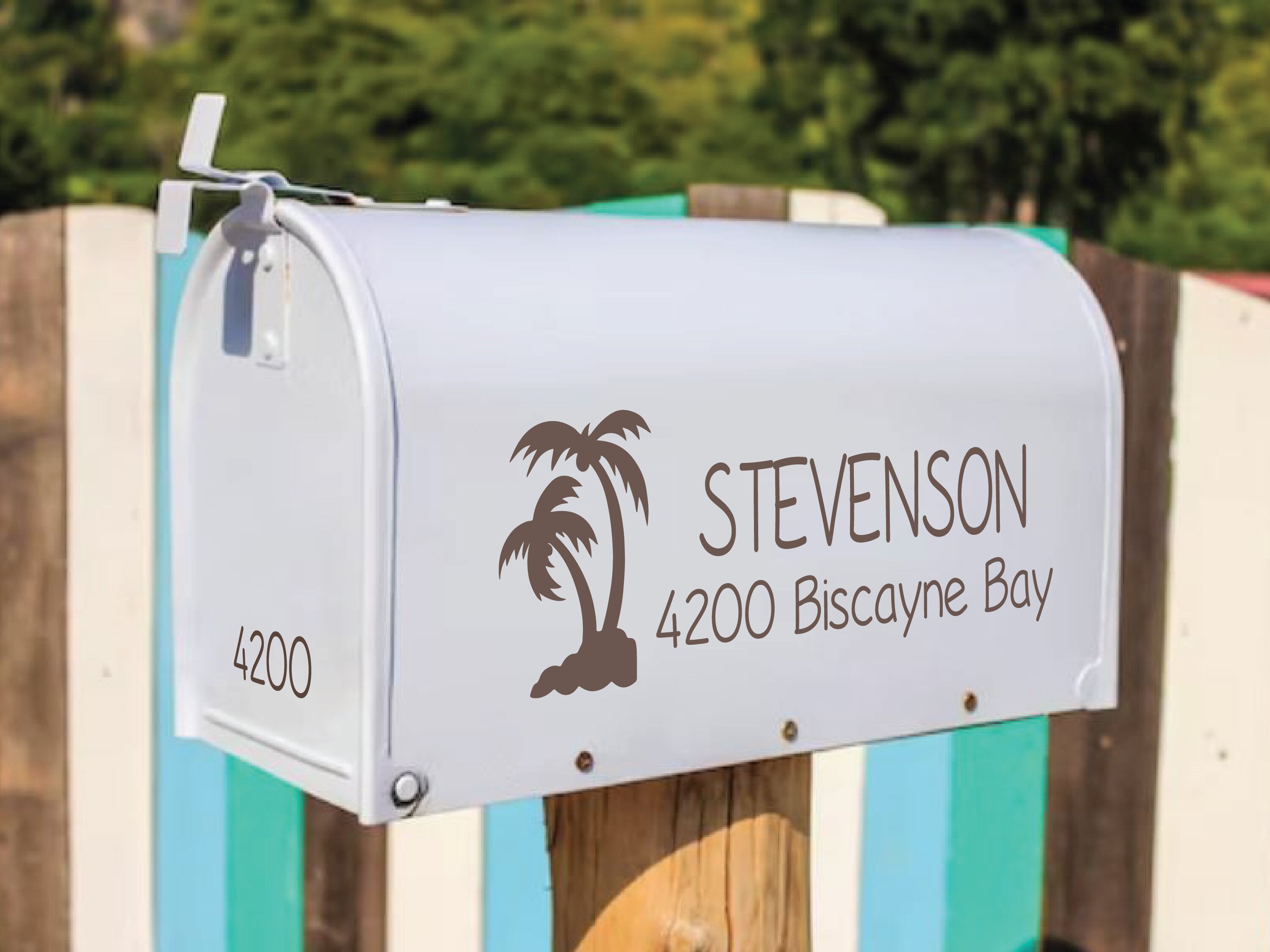 Tropical palm tree mailbox decal with custom address for coastal homes.