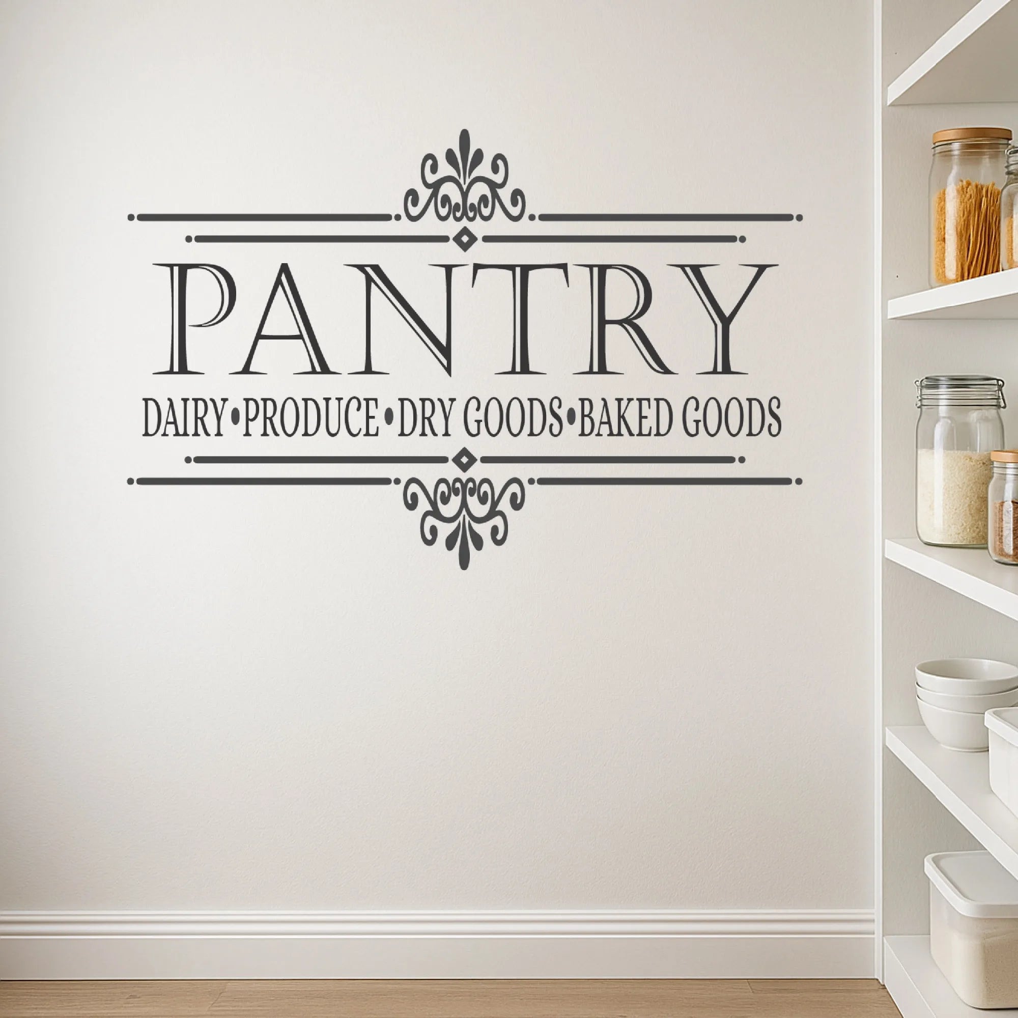 Pantry door vinyl decal applied in a contemporary kitchen