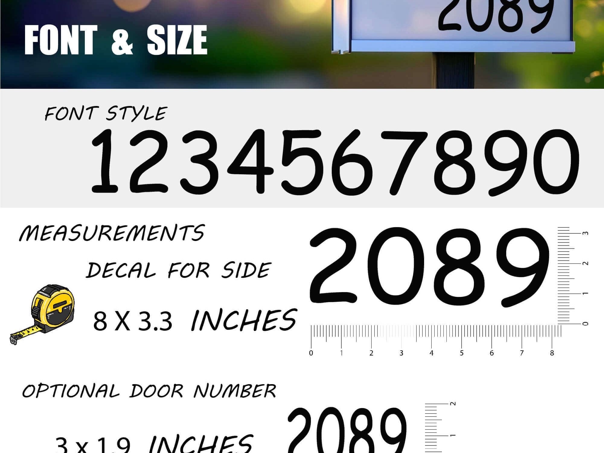 Custom house number decals installed on a metal mailbox