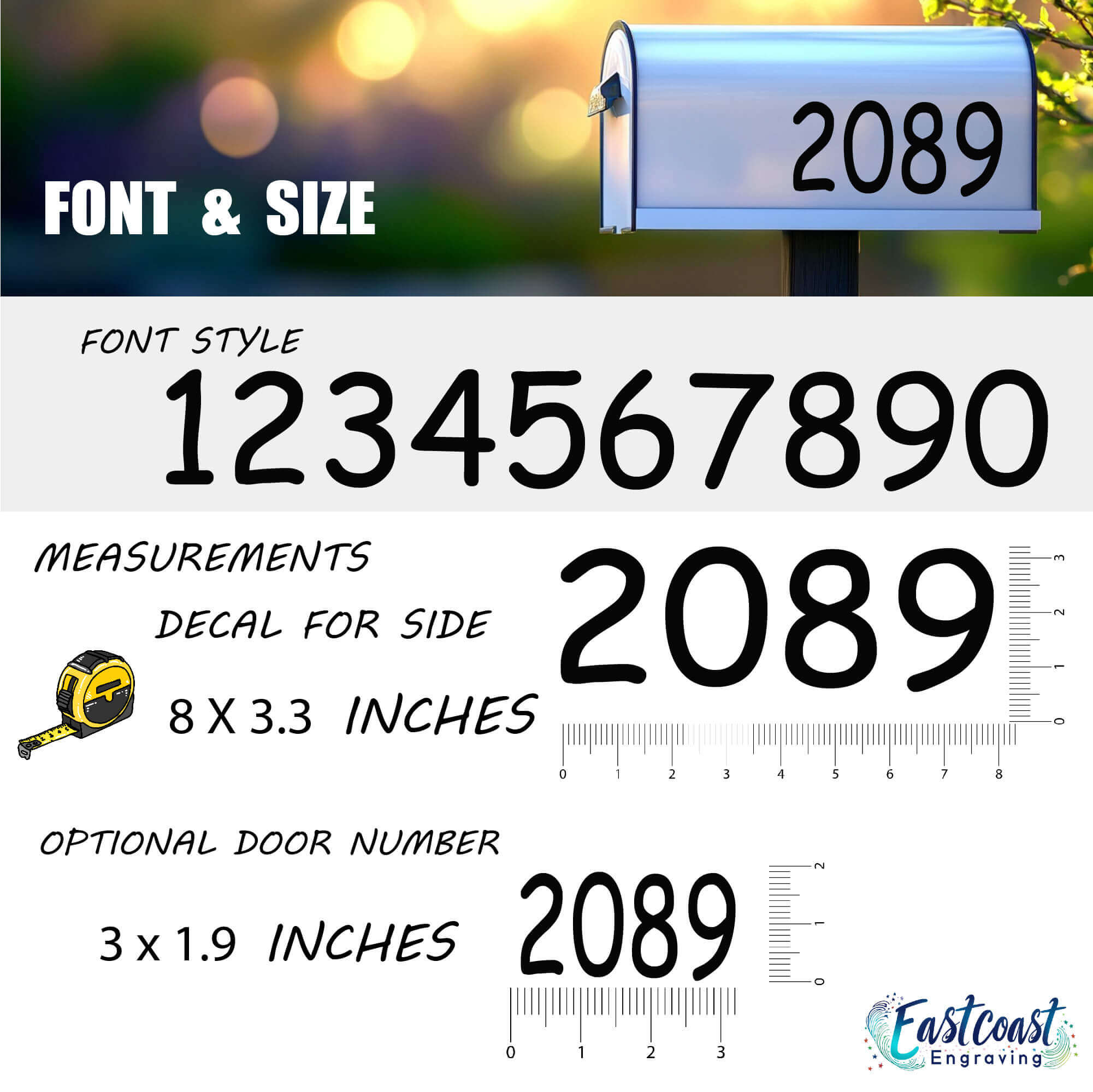 Custom house number decals installed on a metal mailbox