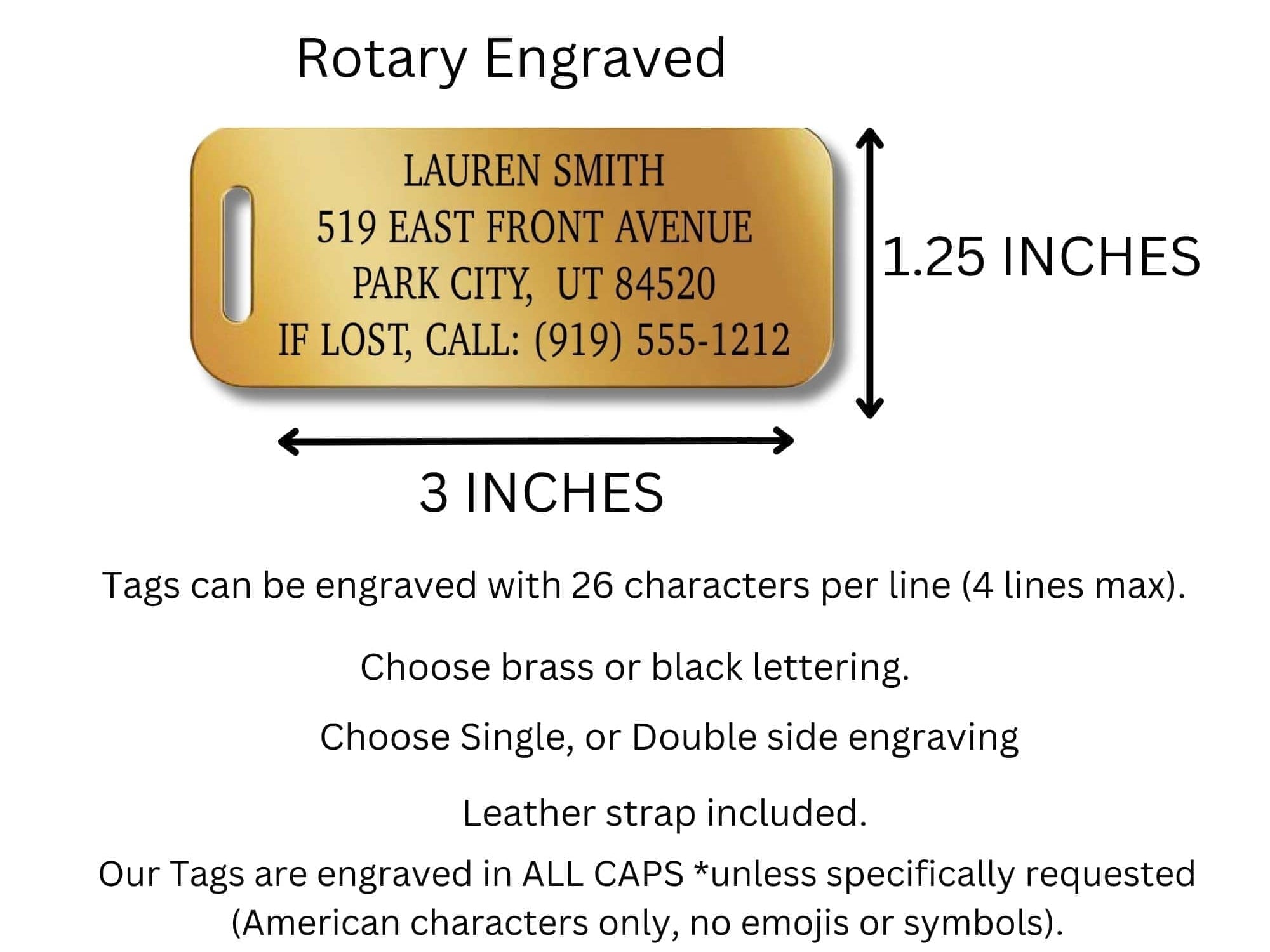 Personalized metal bag tag with deep engraving, ideal for business or wedding gifts.