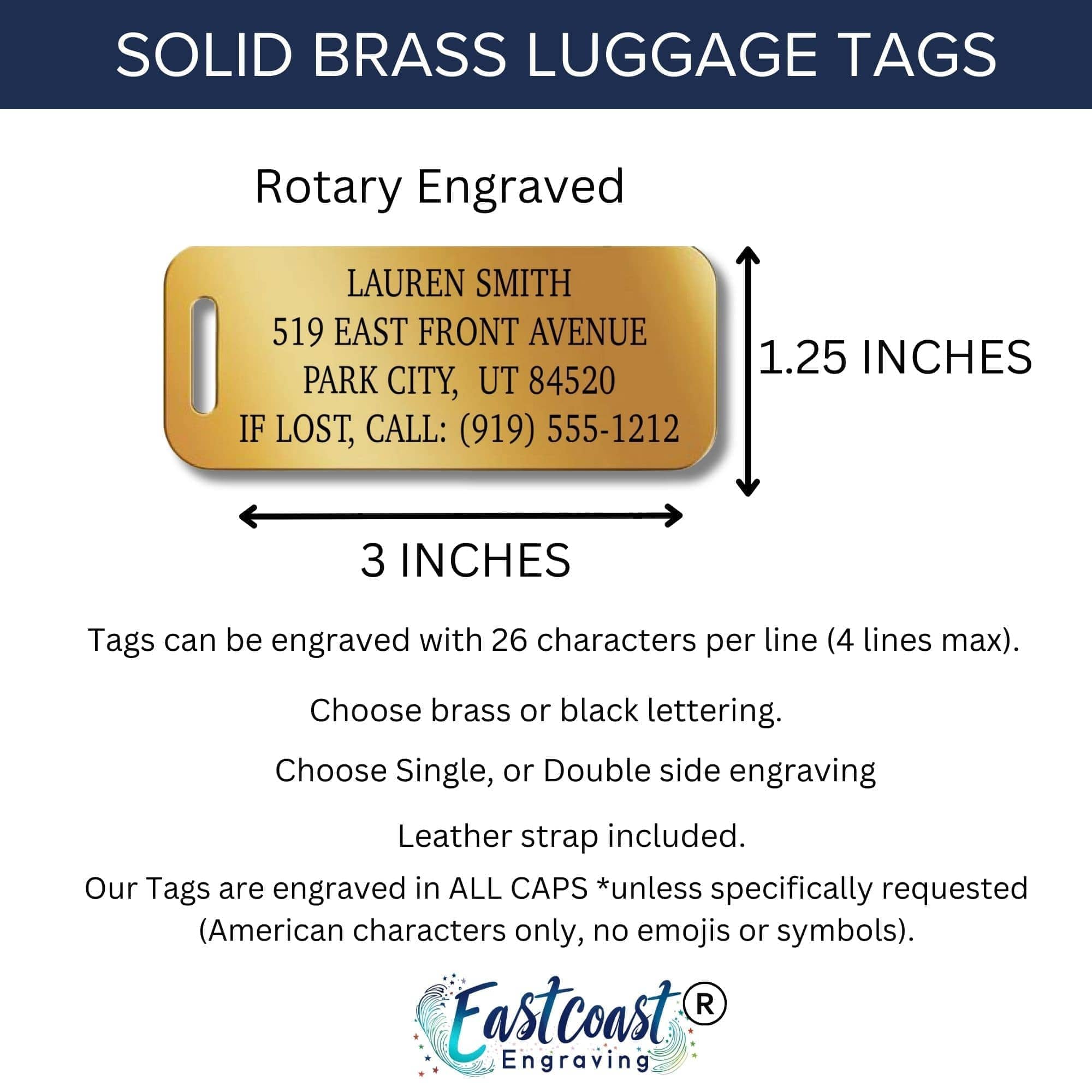 Personalized metal bag tag with deep engraving, ideal for business or wedding gifts.