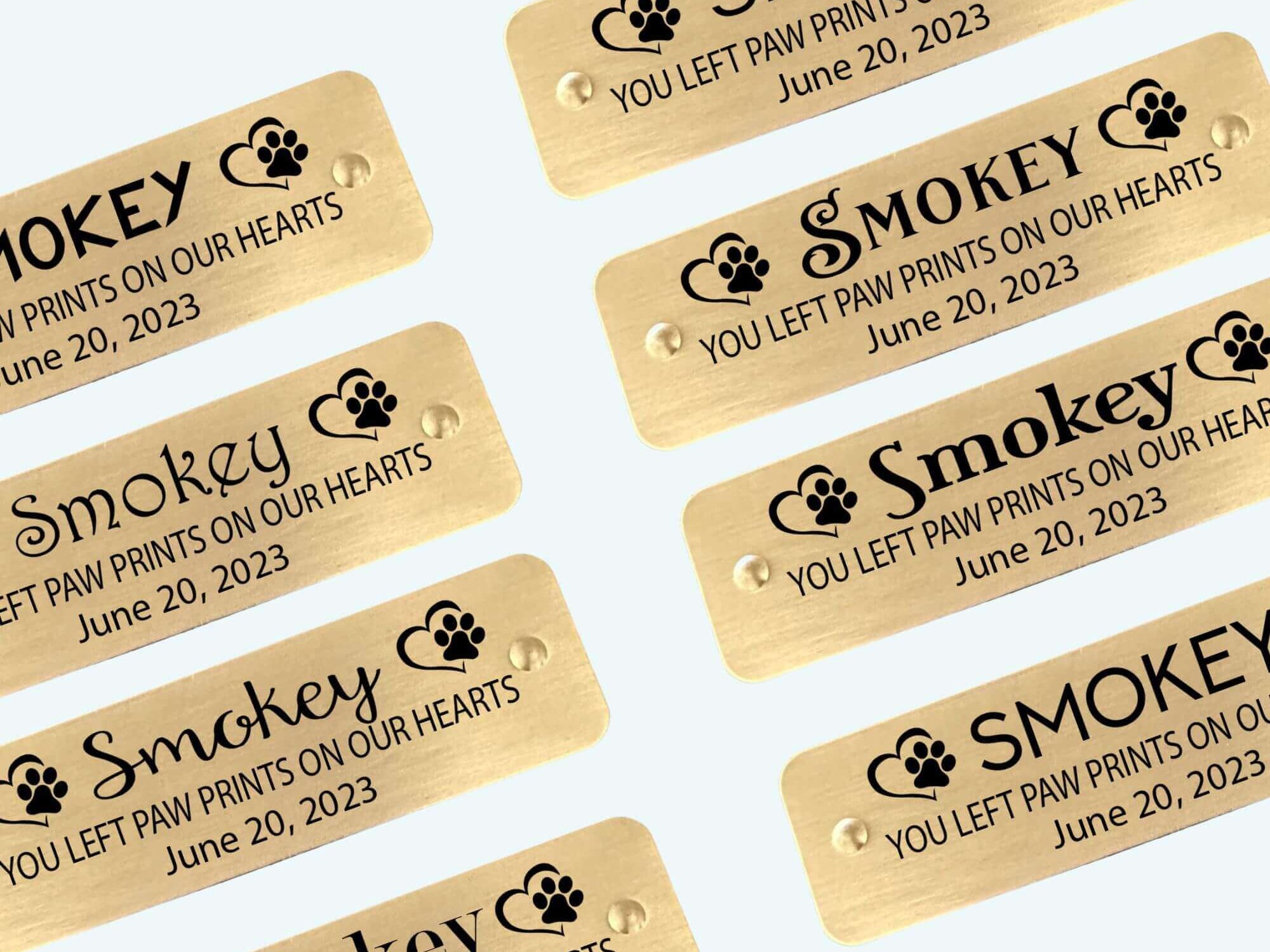 Engraved brass pet memorial nameplate with adhesive backing, customizable for a personal tribute. By Eastcoast Engraving