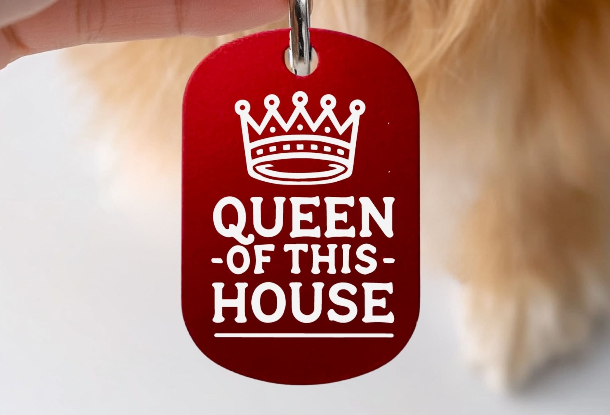 Personalized cat collar tag - Queen of This House, custom engraved pet ID tag in red