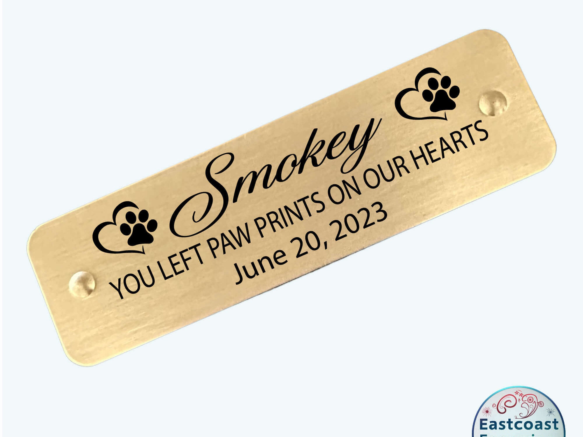 Custom dog memorial tag with engraved name and date, easy stick-on application.