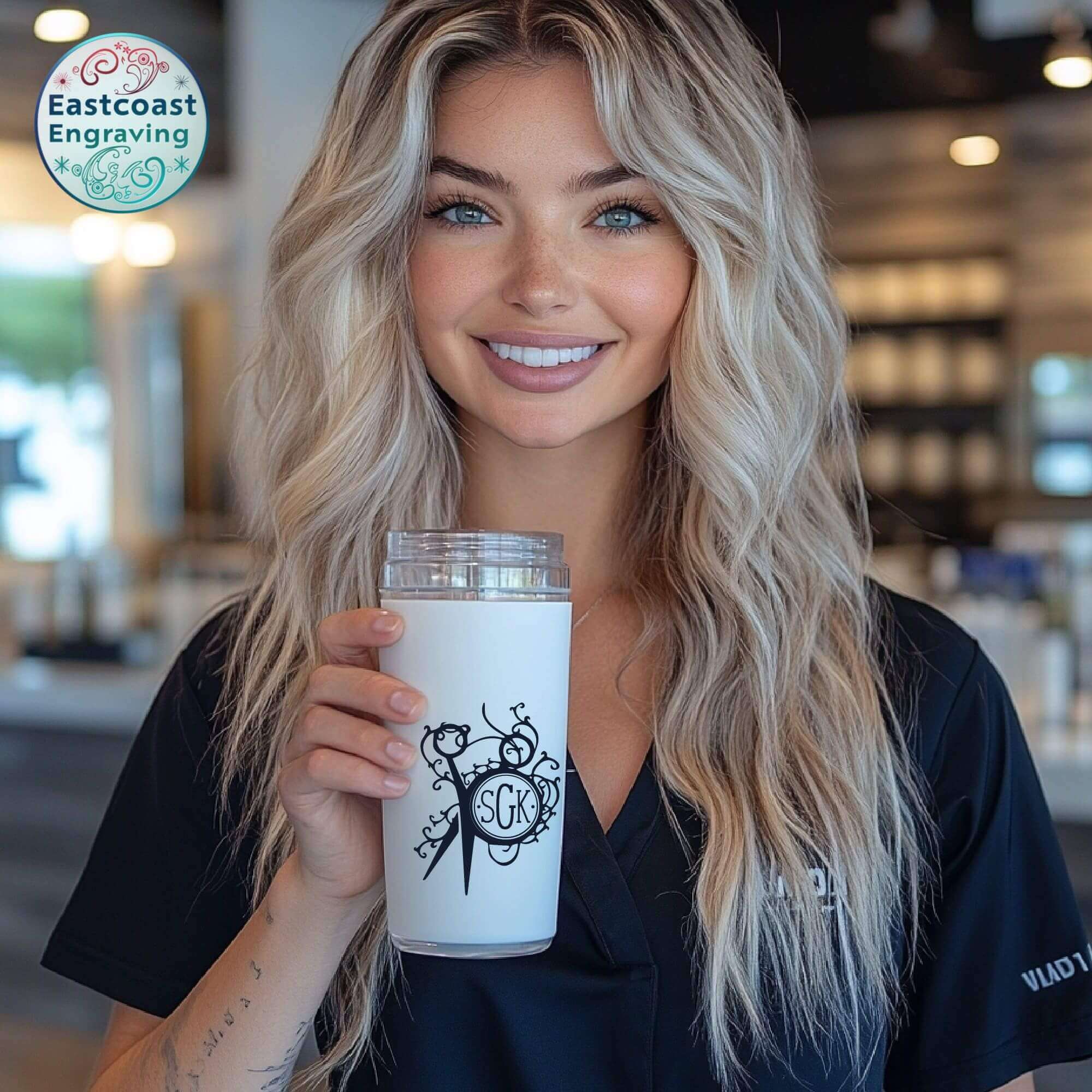 Hair stylist holding custom vinyl decal mug