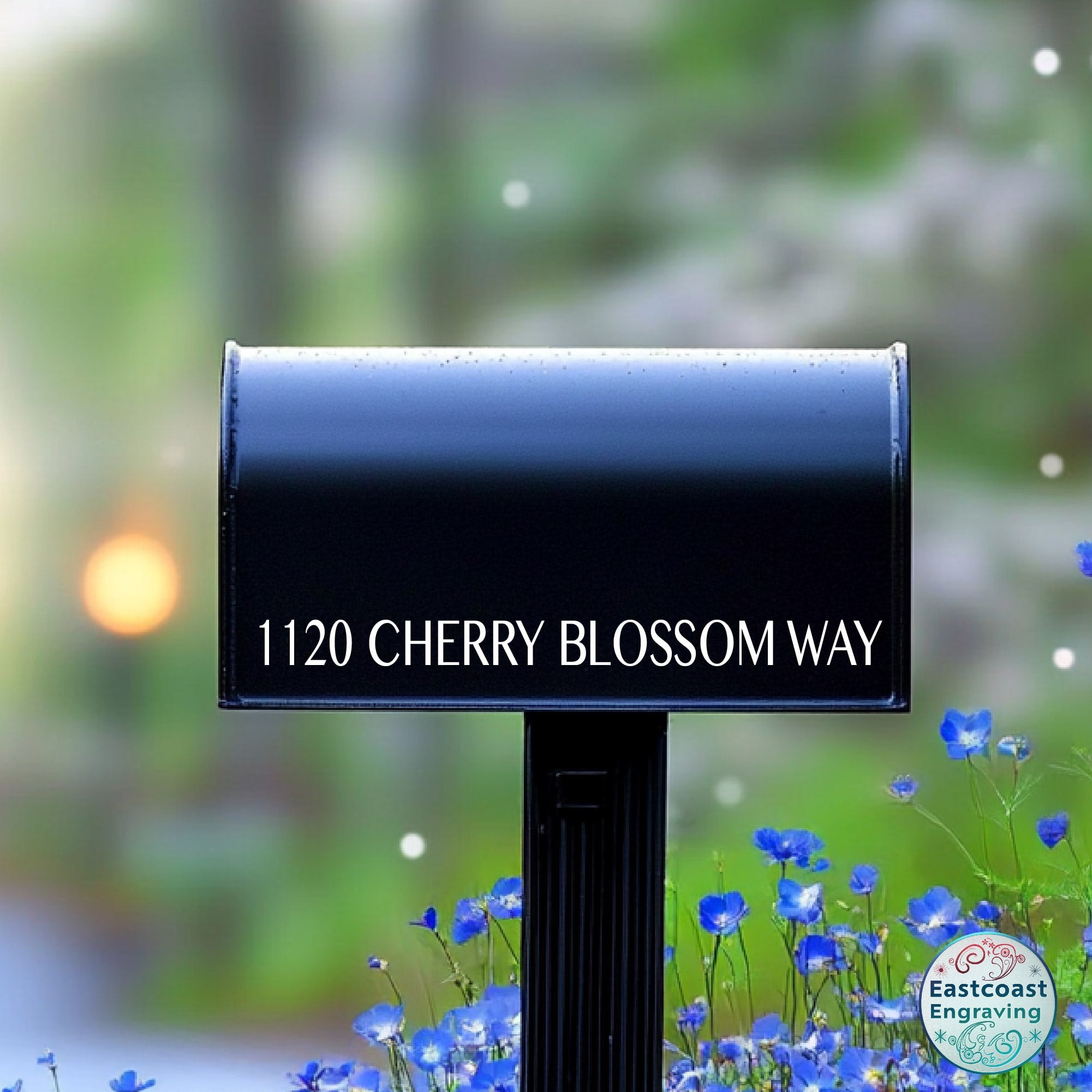 Stylish mailbox number decals applied to black mailbox