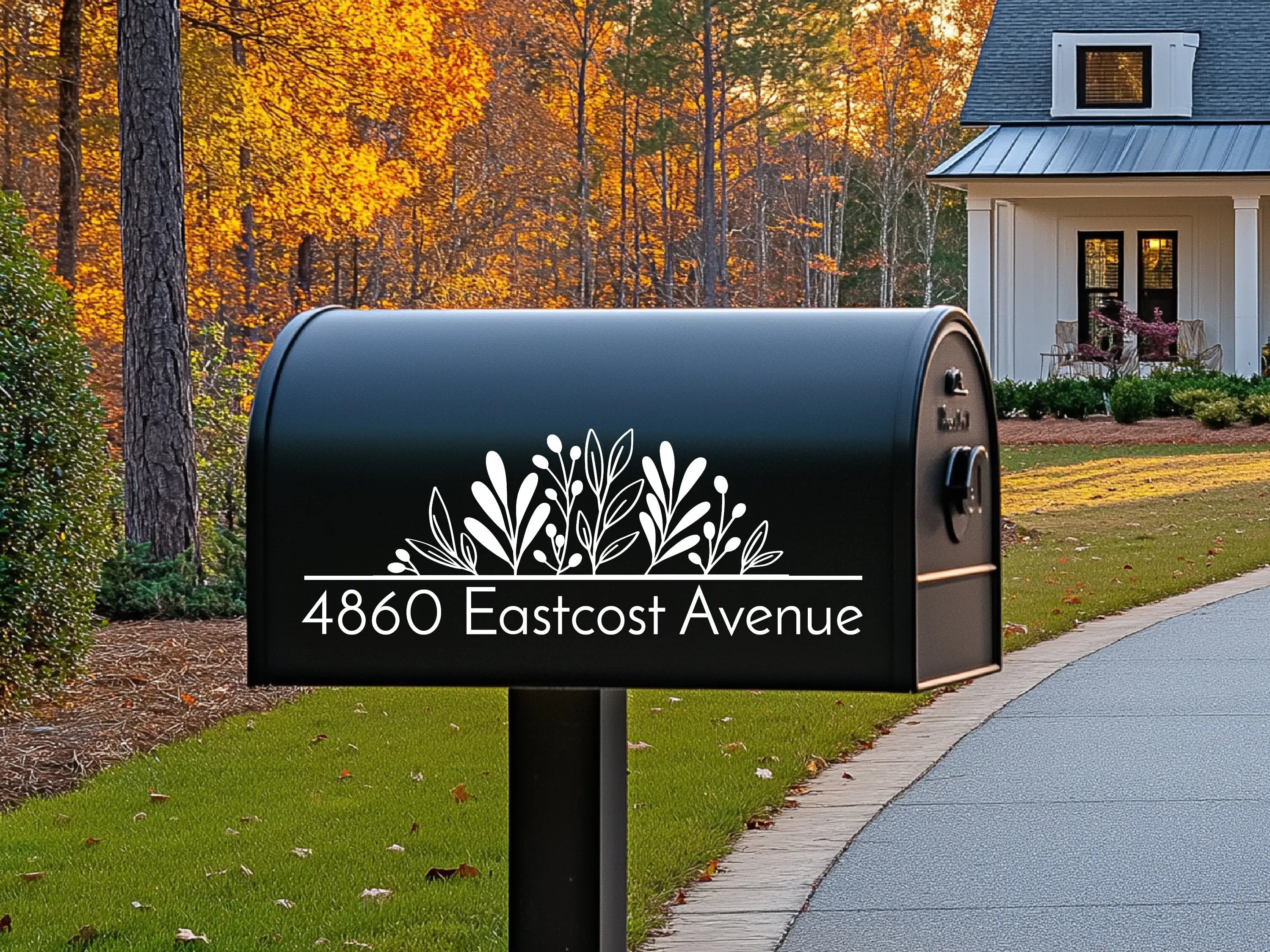 Custom vinyl mailbox sticker with floral details and modern font