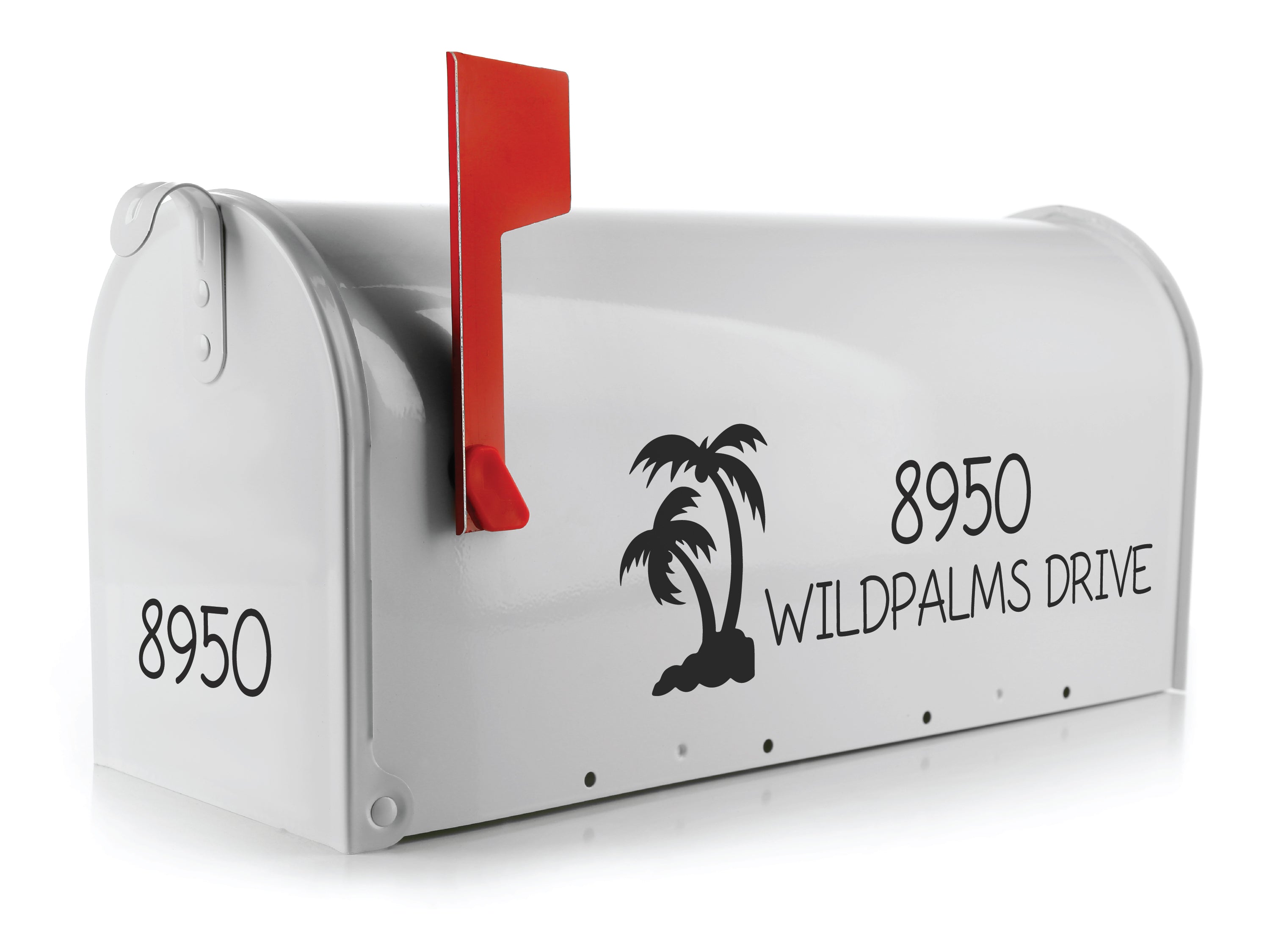 White mailbox with palm tree address decal and red flag.