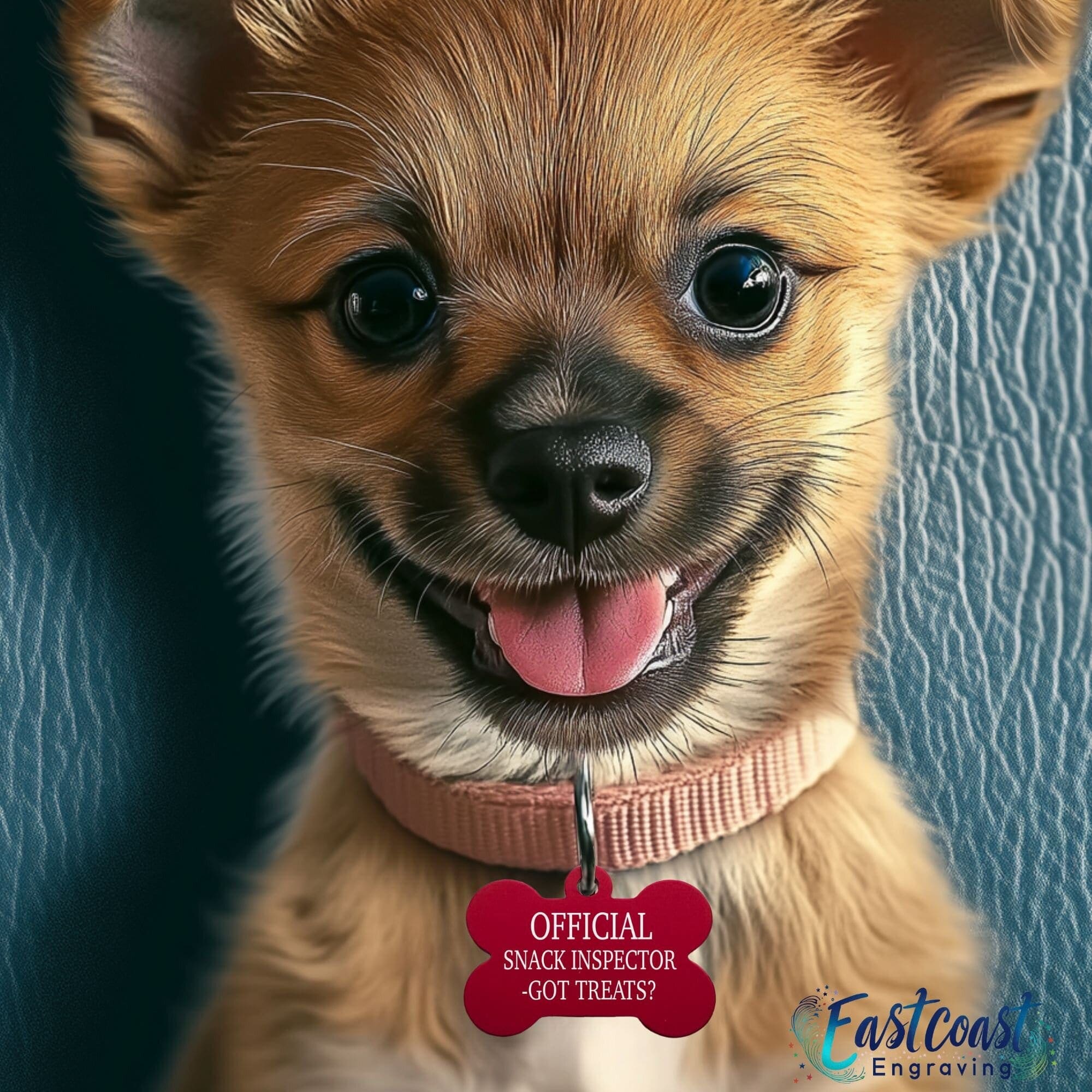 small dog wearing humorous bone shaped pet id tag on collar