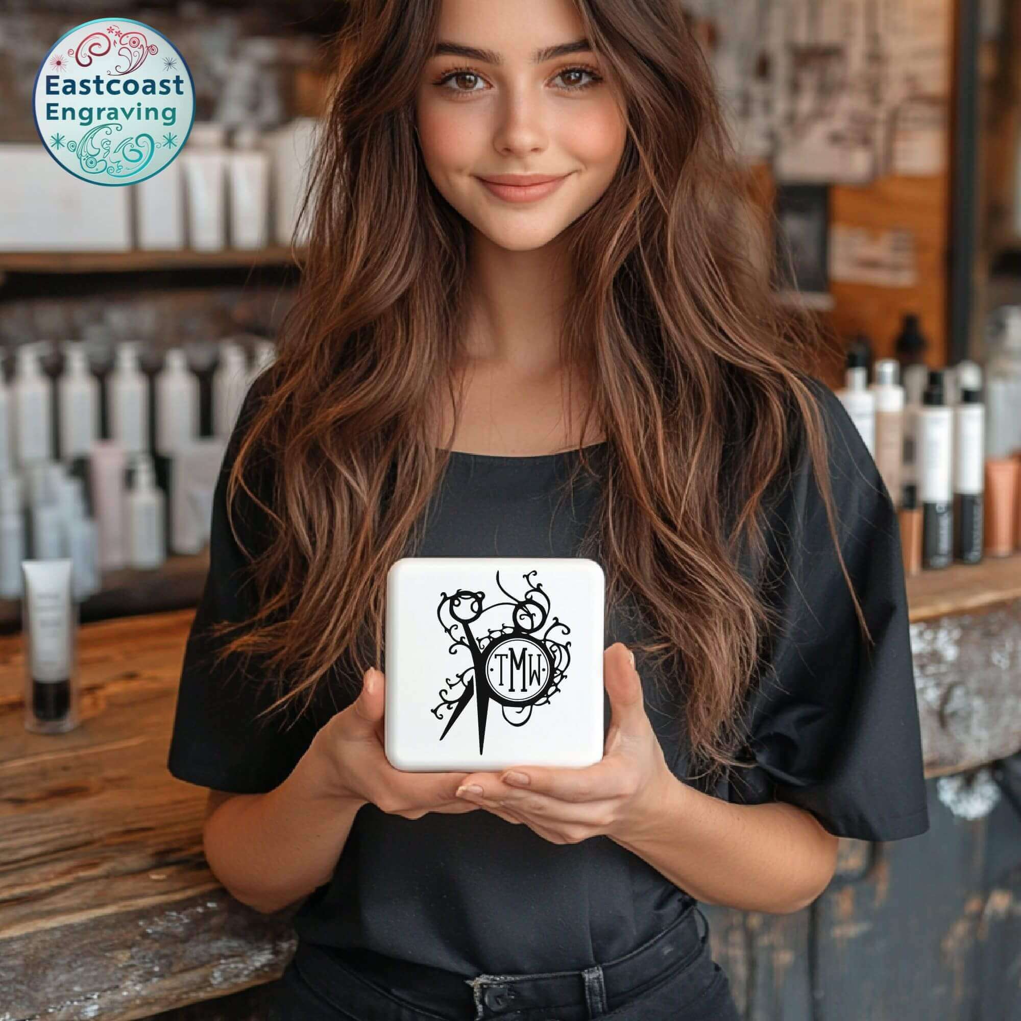 Scissors Vinyl Monogram Decal on a tumbler – perfect for hairstylists and beauty professionals