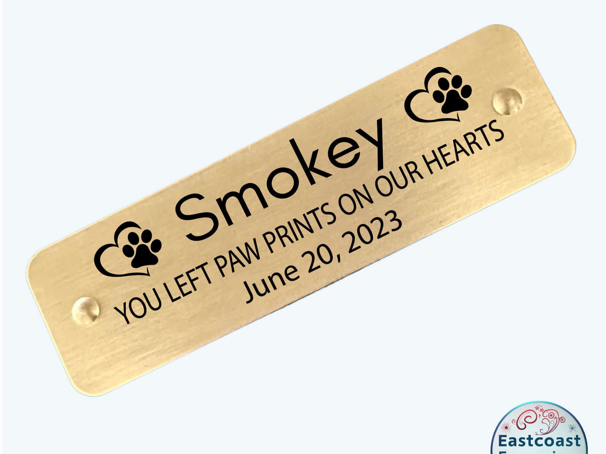 Self-adhesive pet memorial sticker tag, custom engraved for dogs and cats.