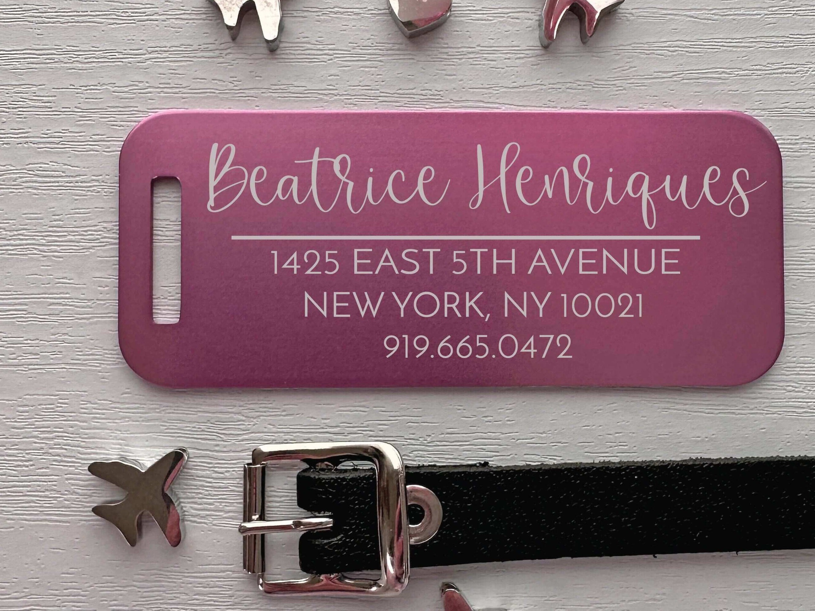 Pink custom luggage tag laser engraved with name and phone number