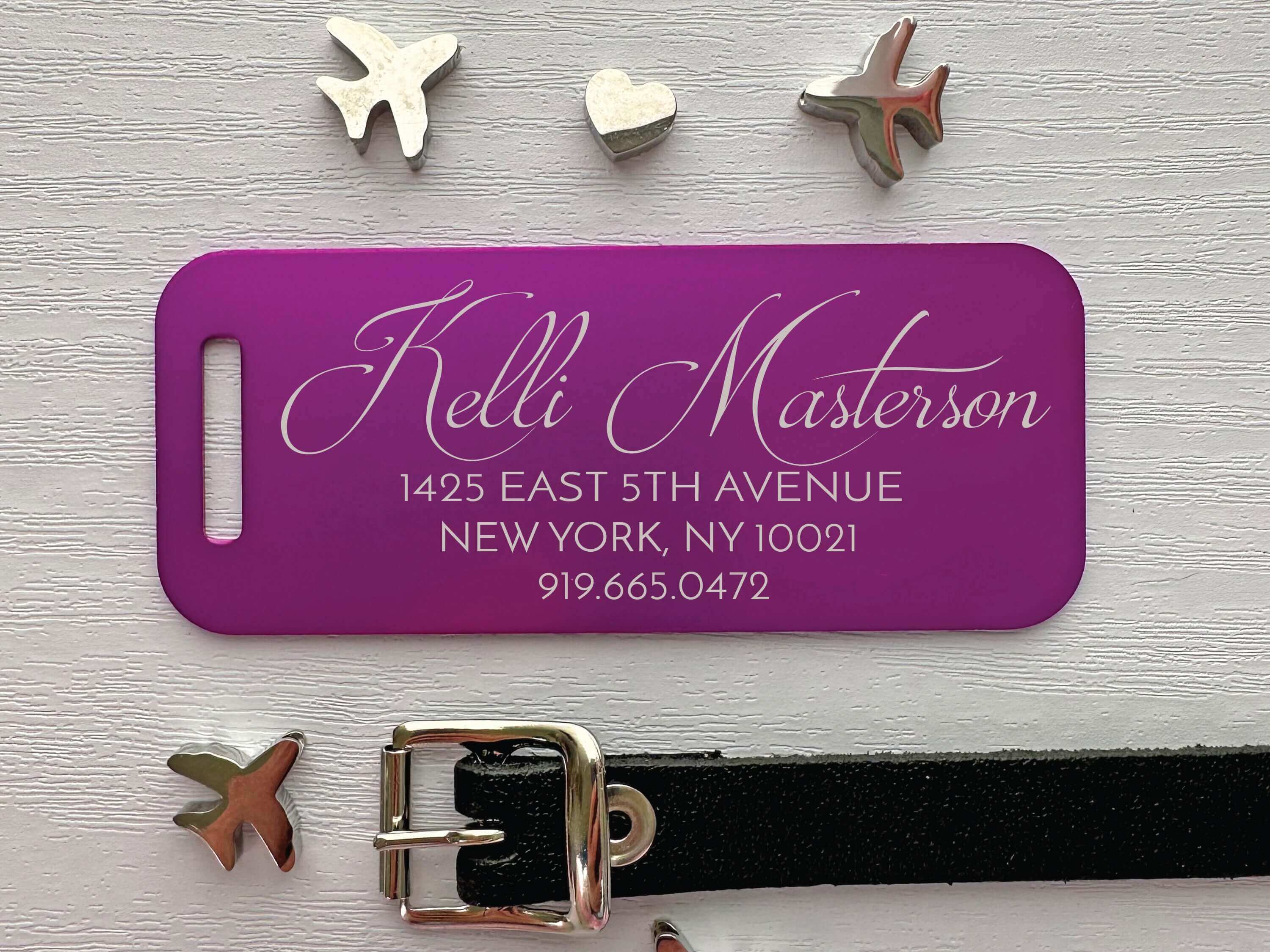 Elegant purple aluminum luggage tag with custom script engraving