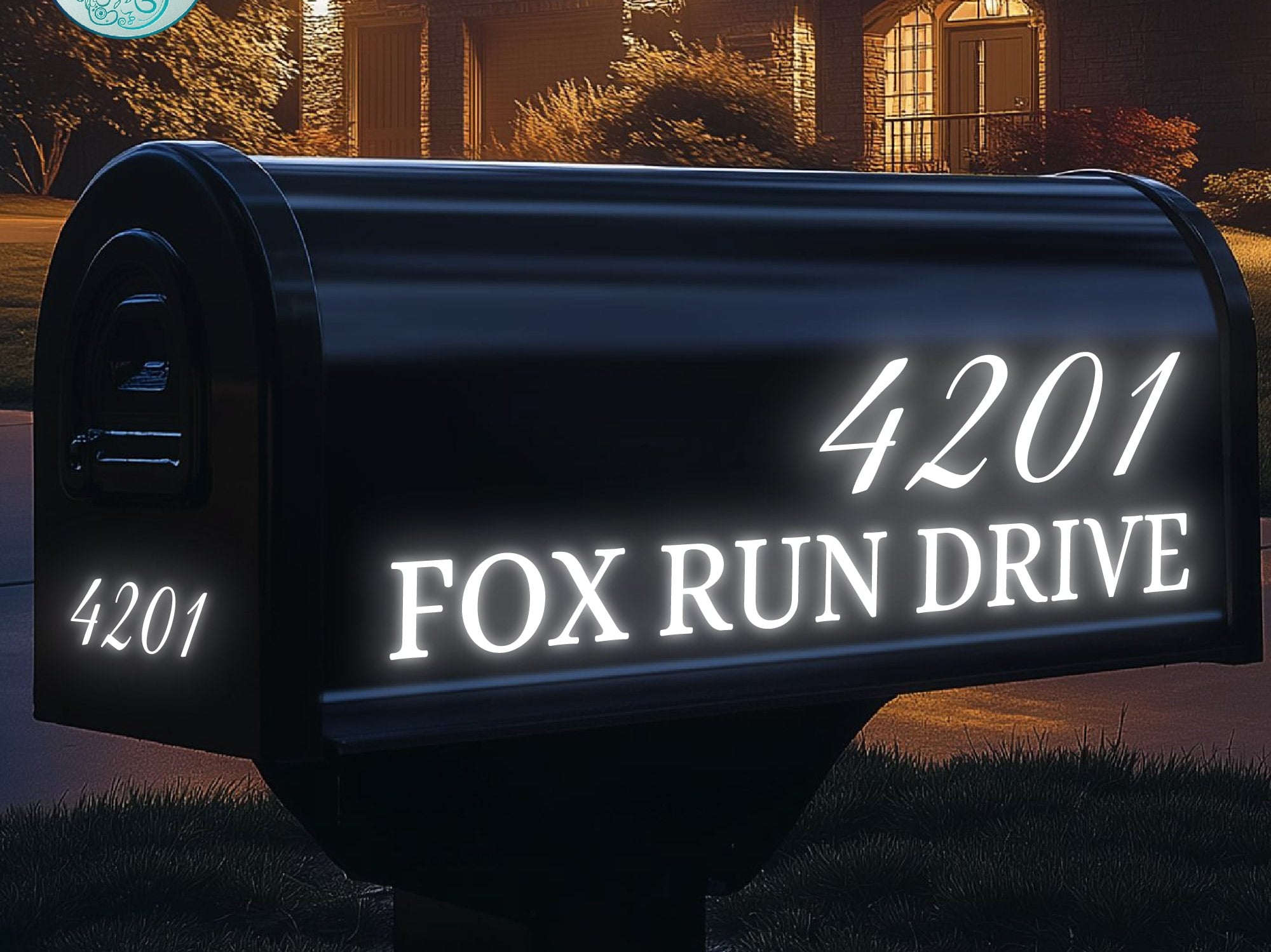 Custom reflective mailbox address numbers for night visibility.