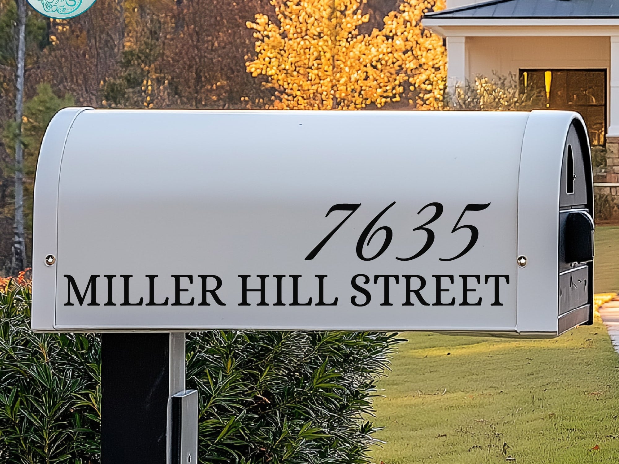 Custom reflective mailbox address decal in a modern, elegant font style.