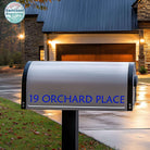 Custom blue reflective mailbox address decal for enhanced nighttime visibility and modern curb appeal. Durable vinyl lettering in a 16” x 1.9