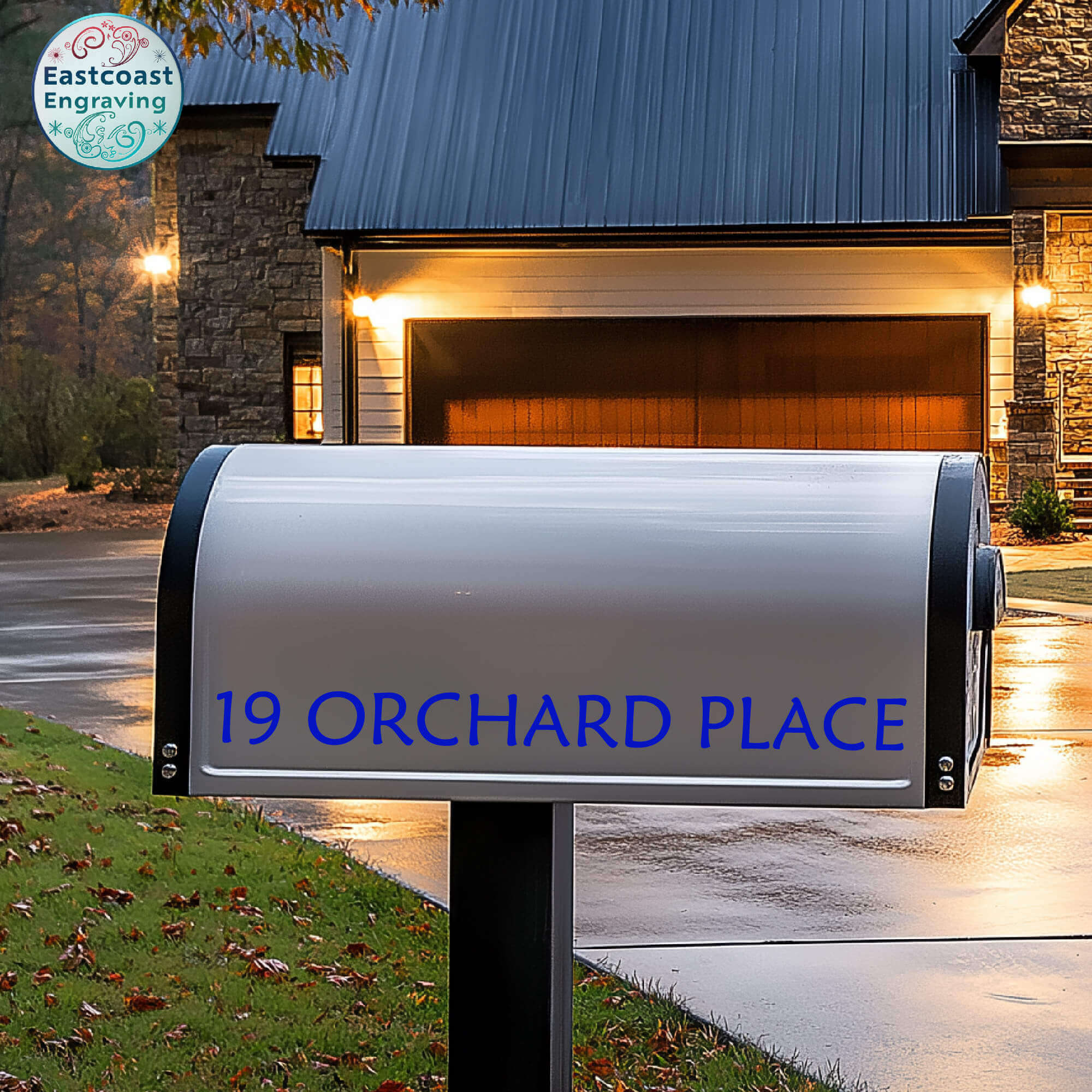 Custom blue reflective mailbox address decal for enhanced nighttime visibility and modern curb appeal. Durable vinyl lettering in a 16” x 1.9