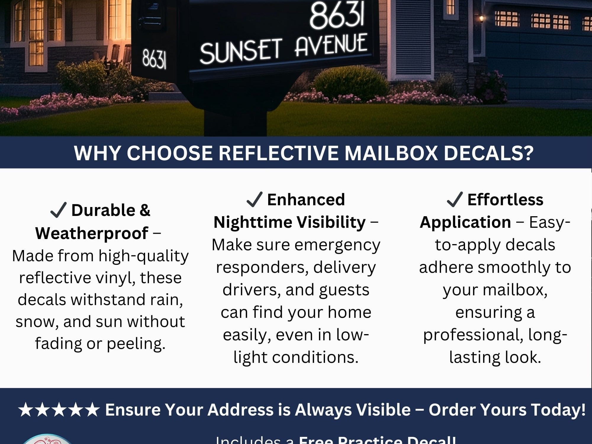 Why choose reflective mailbox decals? Featuring durable, weatherproof reflective vinyl for enhanced nighttime visibility. Easy application ensures a long-lasting professional look. Includes a free practice decal for perfect placement. Eastcoast Engraving.
