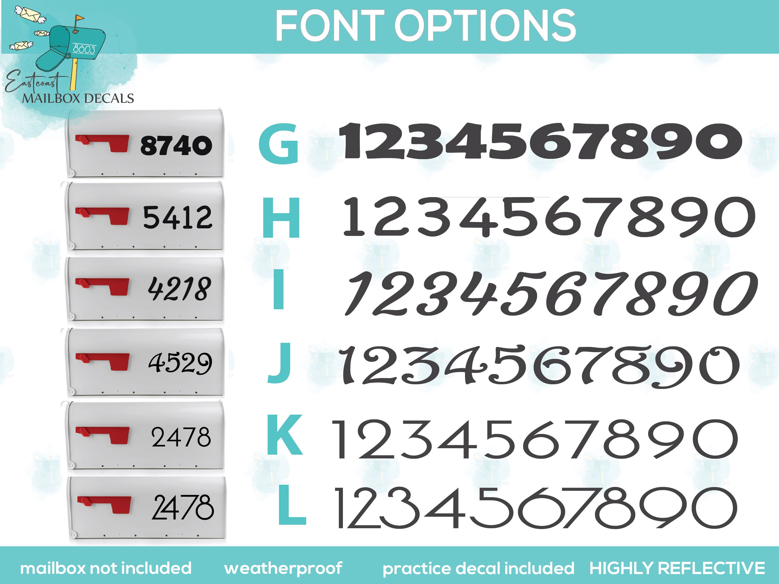 Modern Font Chart for Reflective Mailbox Decals by Eastcoast Engraving