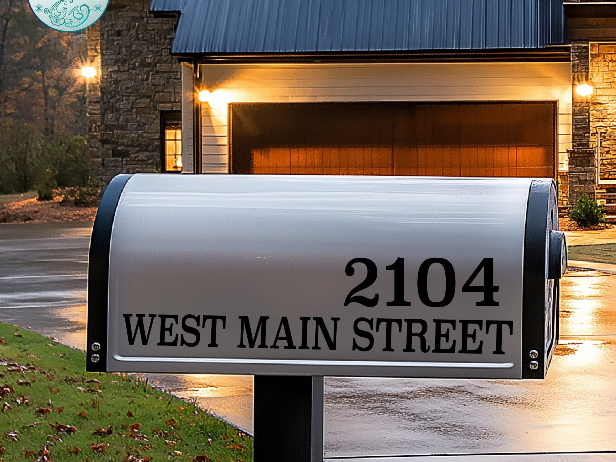 Black reflective mailbox lettering decal with a bold address display.
